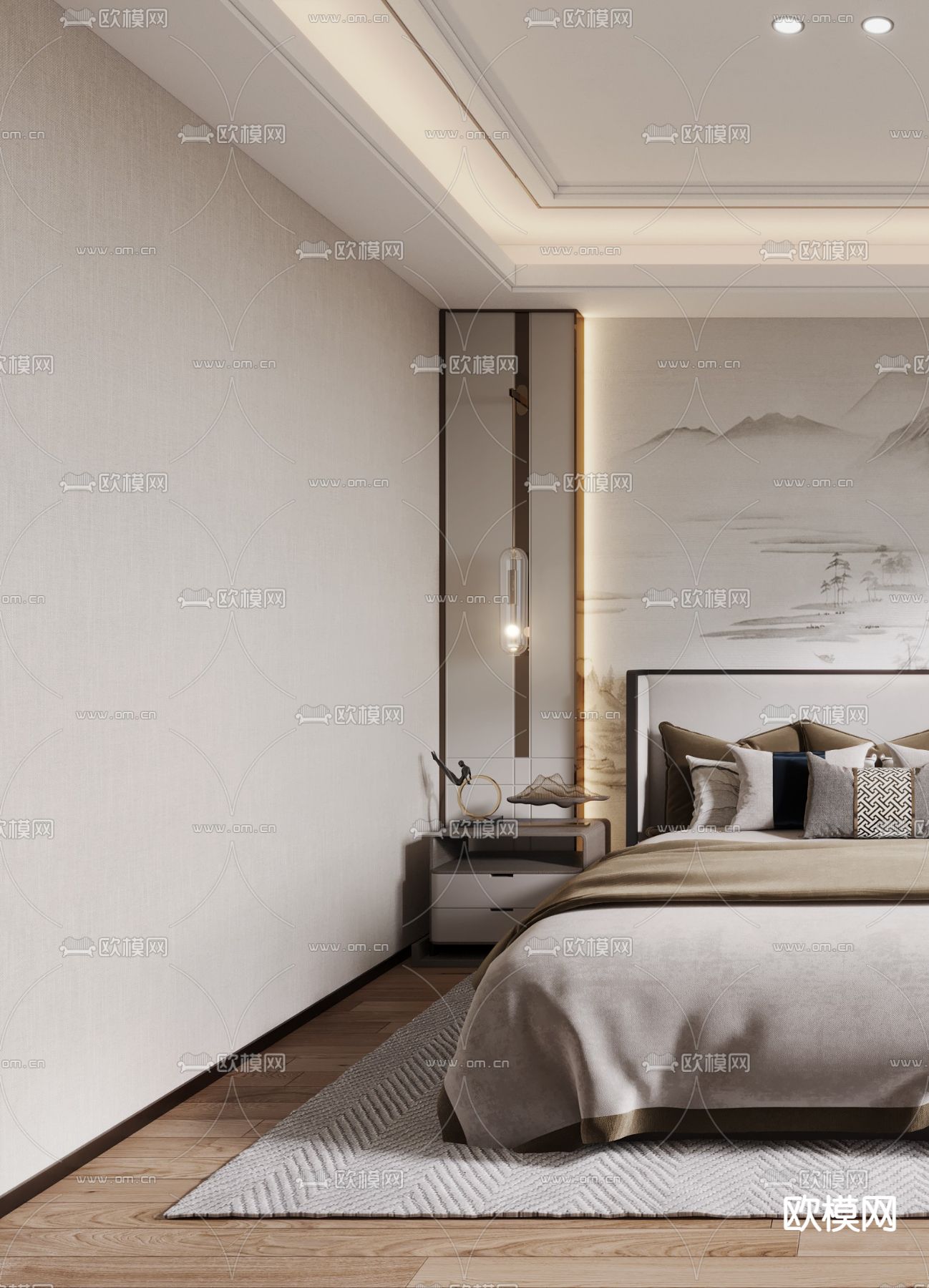 新中式卧室su模型下载（渲染图3）