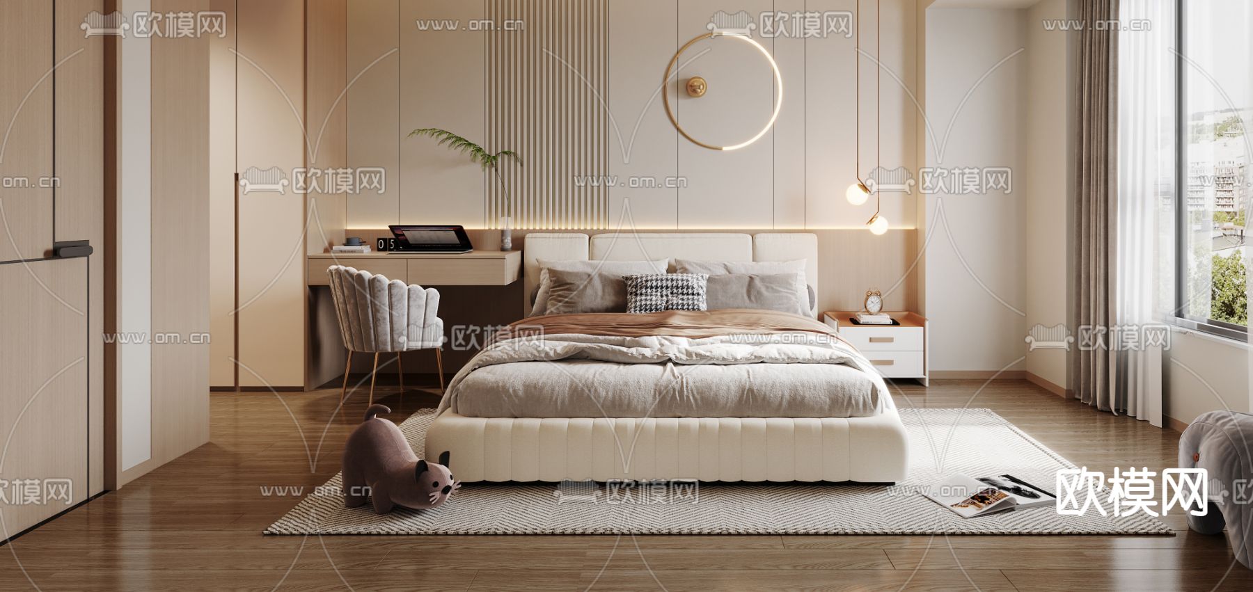 奶油风卧室主人房3d模型下载（渲染图3）