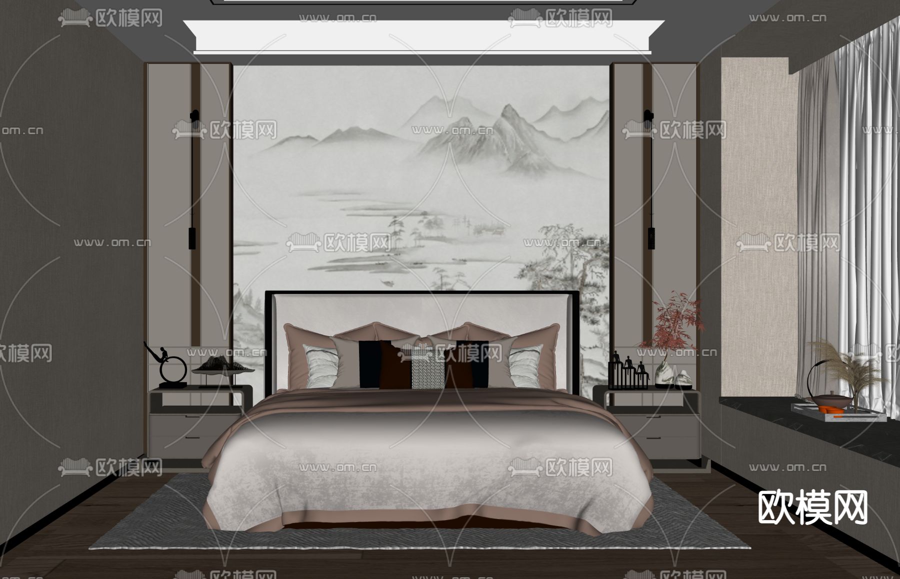 新中式卧室su模型下载（渲染图4）