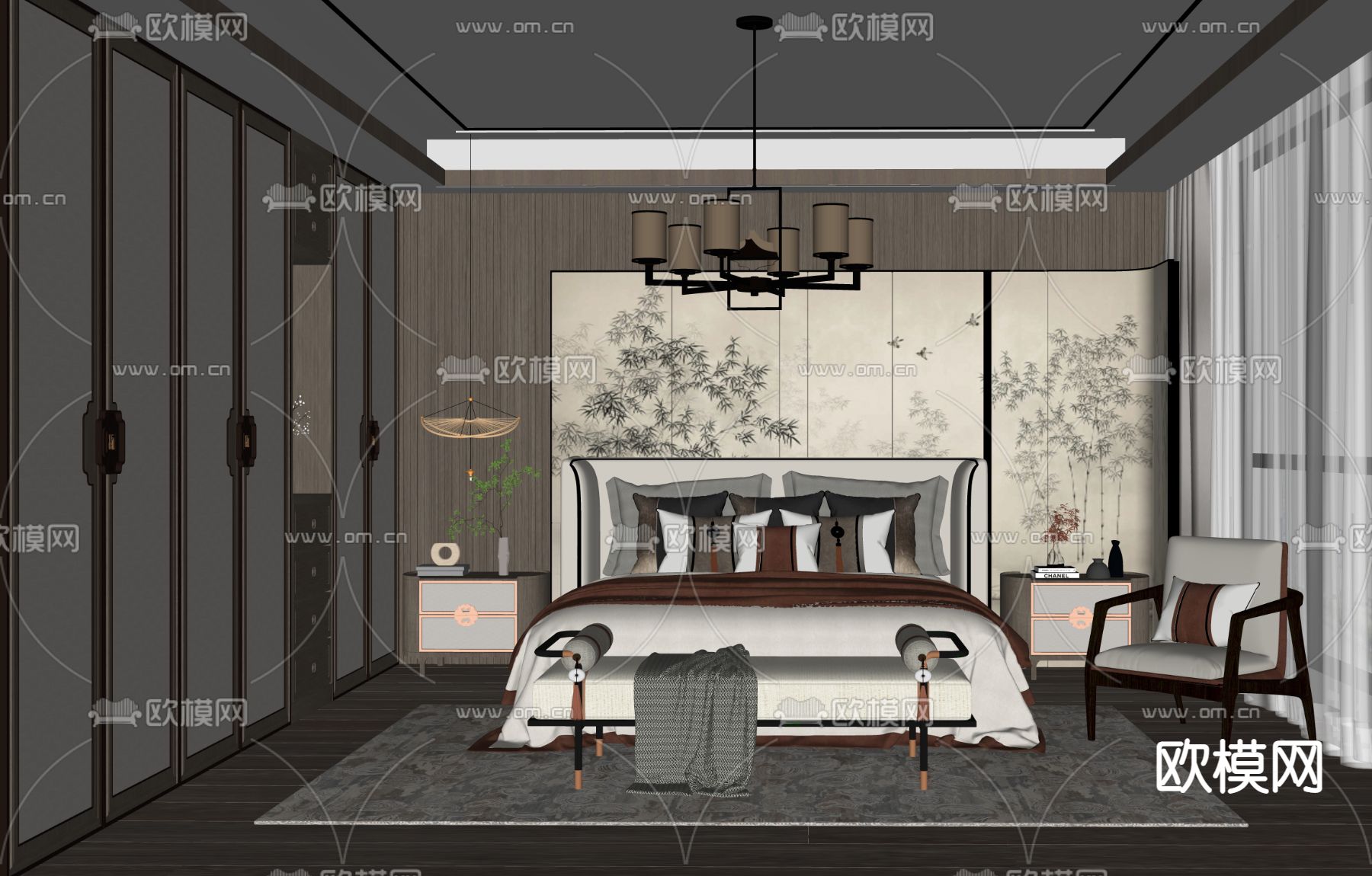 新中式卧室主人房su模型下载（渲染图2）