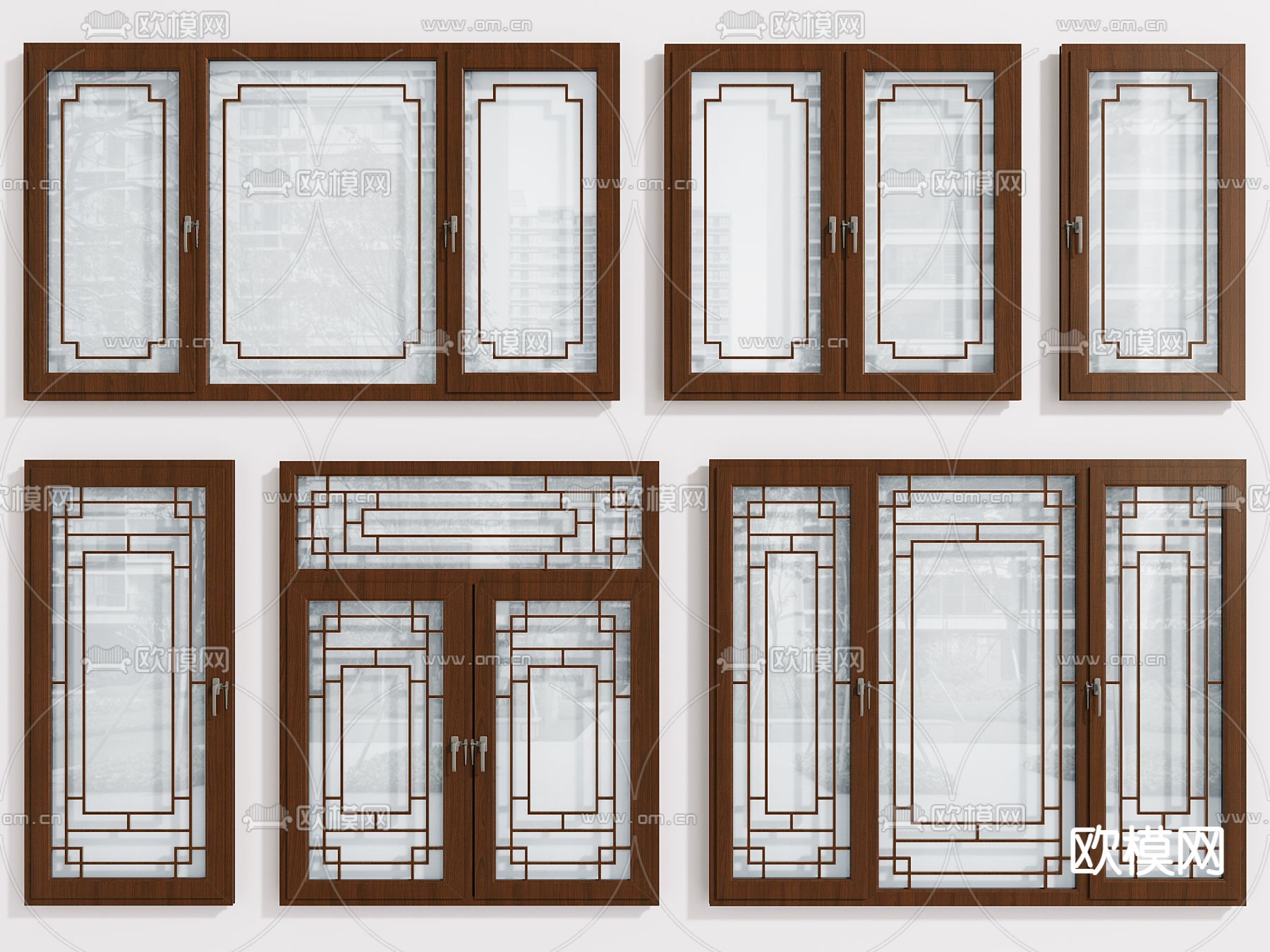 中式玻璃窗 平开窗户 3d模型下载