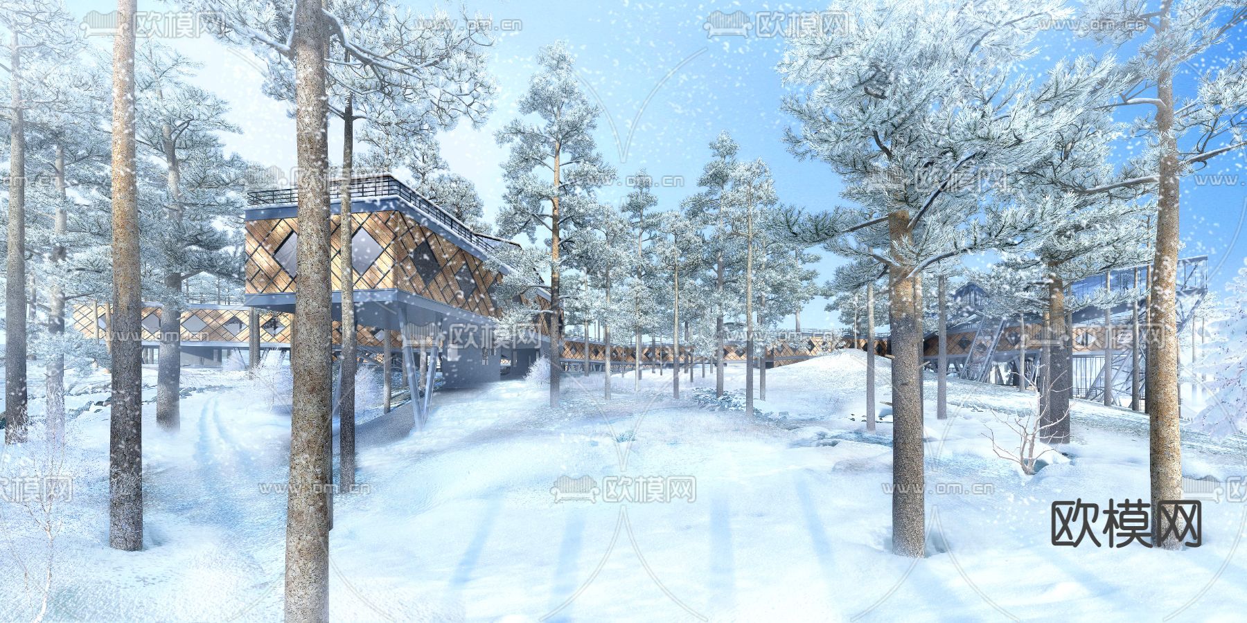 现代雪景建筑外观psd下载