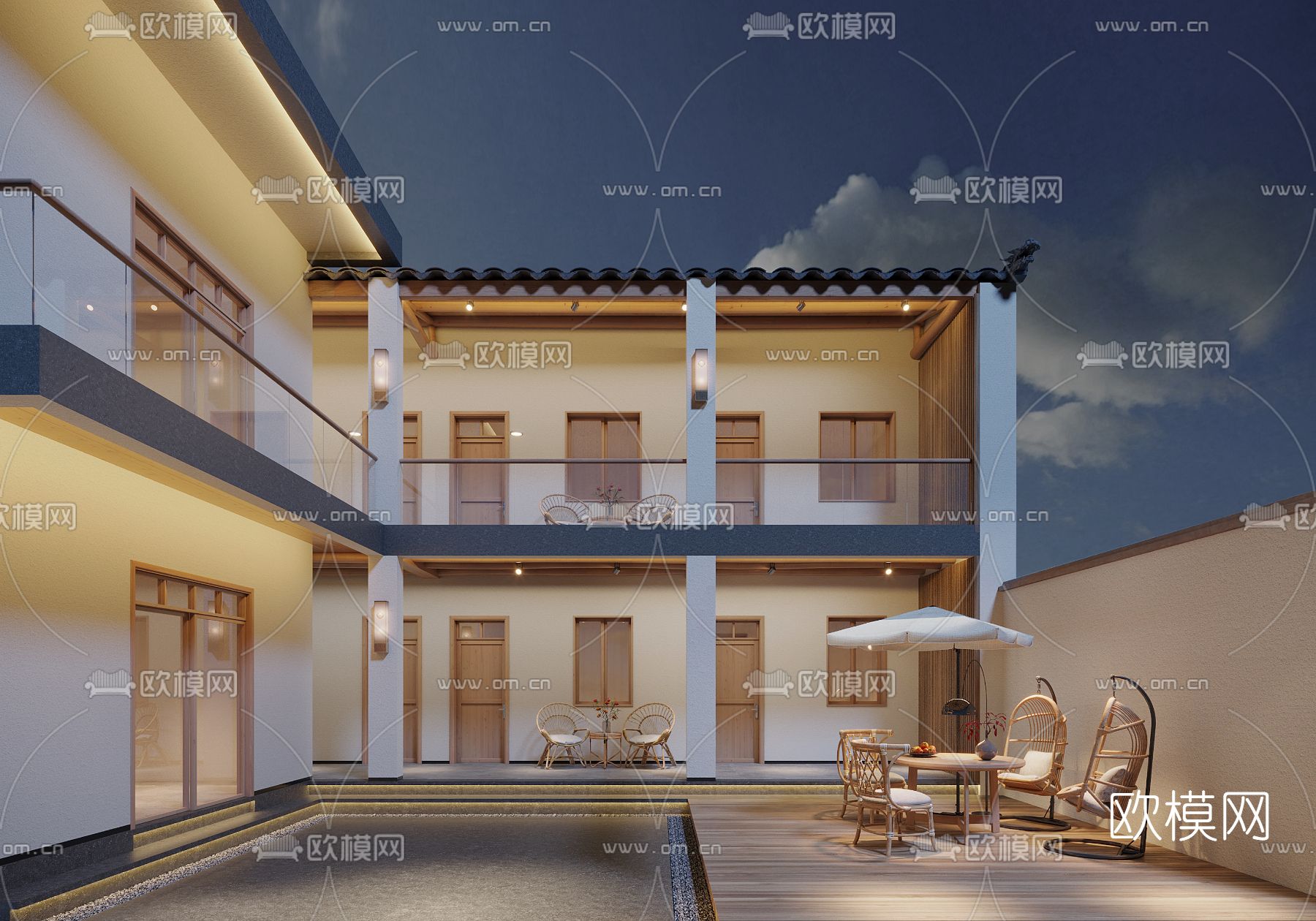新中式民宿庭院3d模型下载（渲染图1）