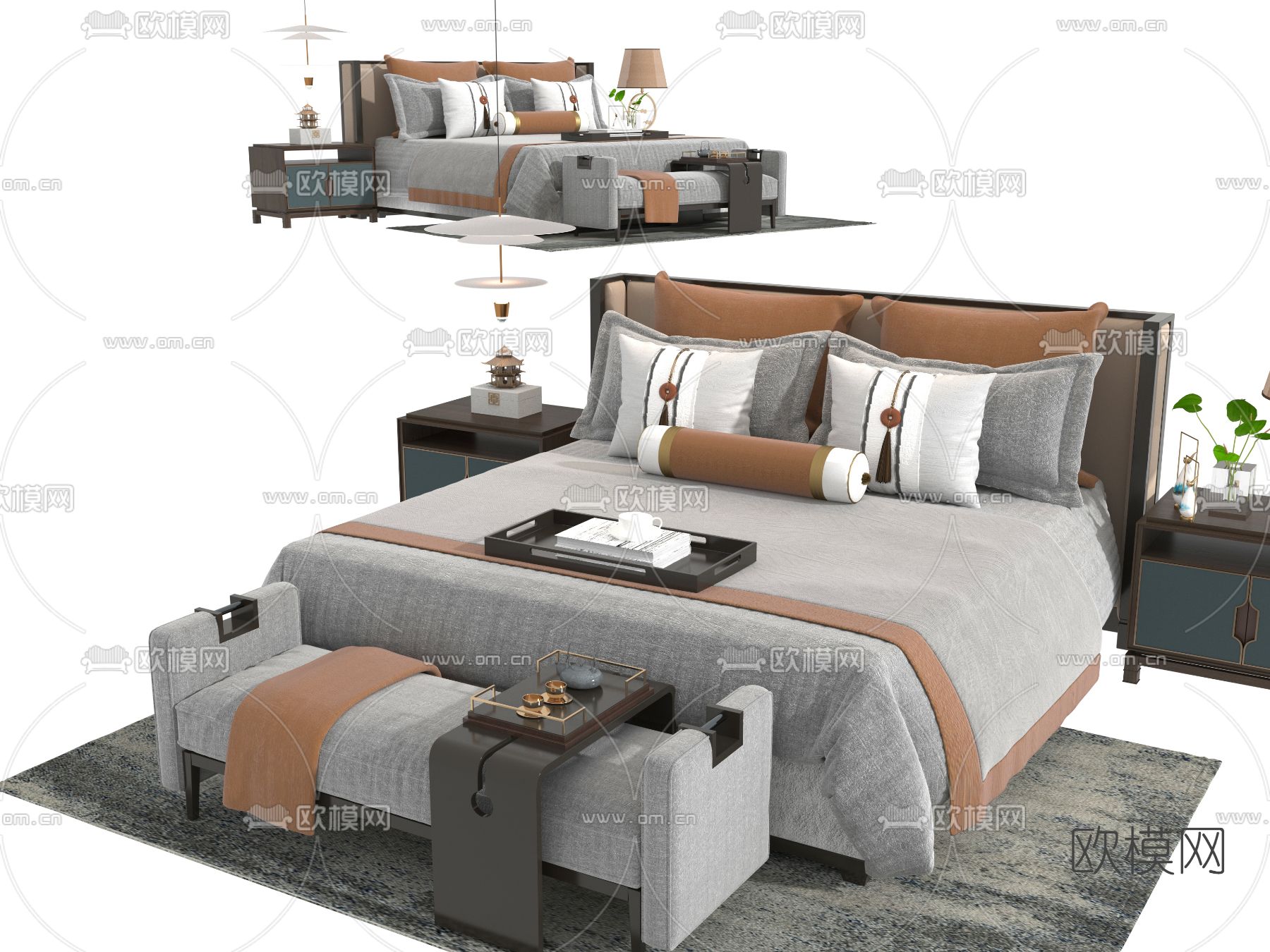 新中式双人床3d模型下载