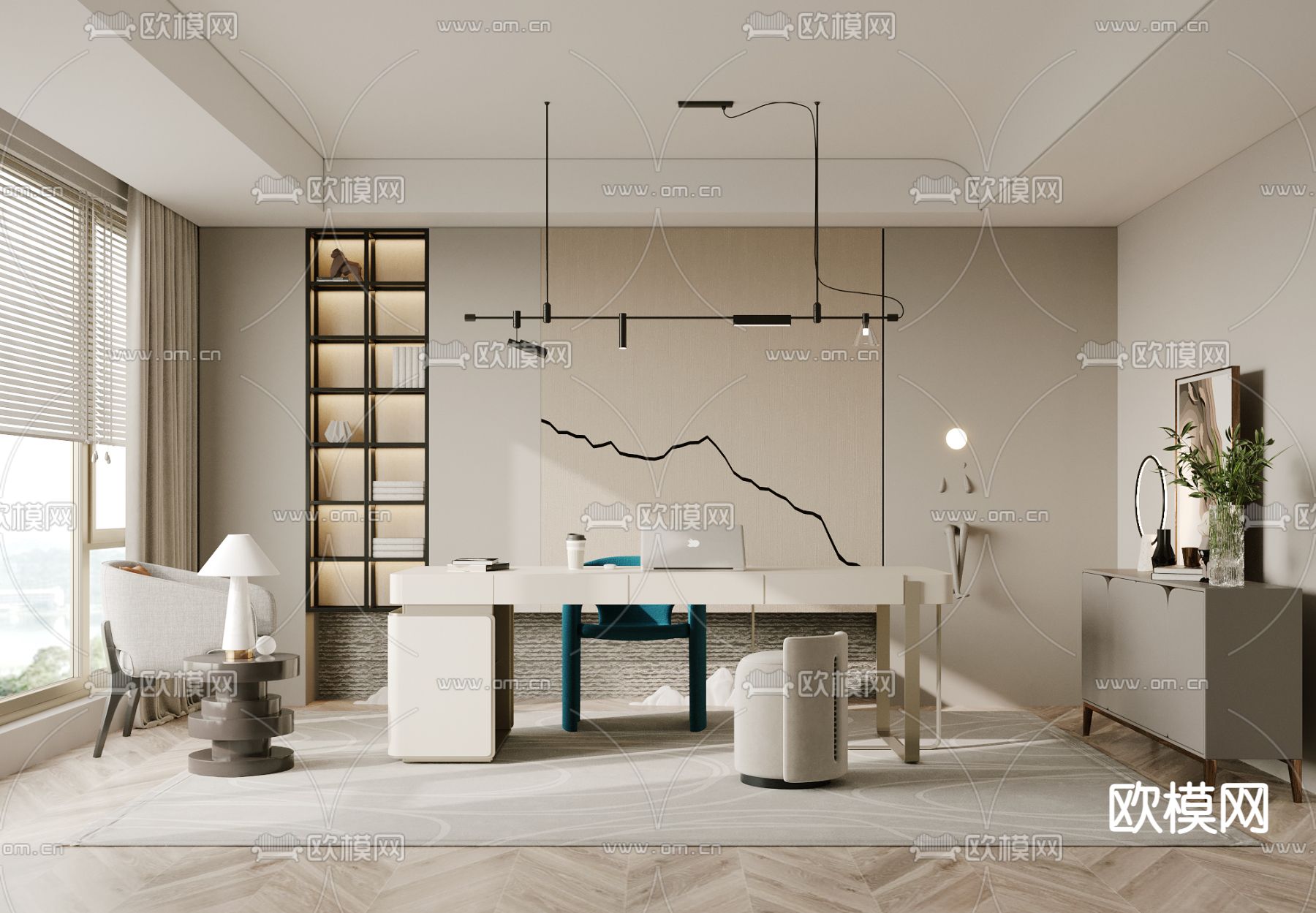 奶油风书房3d模型下载