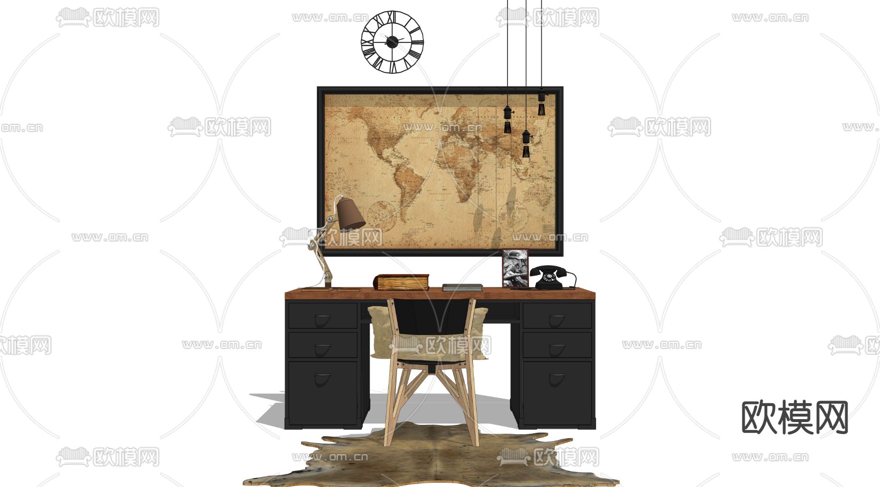 美式复古书桌椅组合su模型下载（渲染图2）
