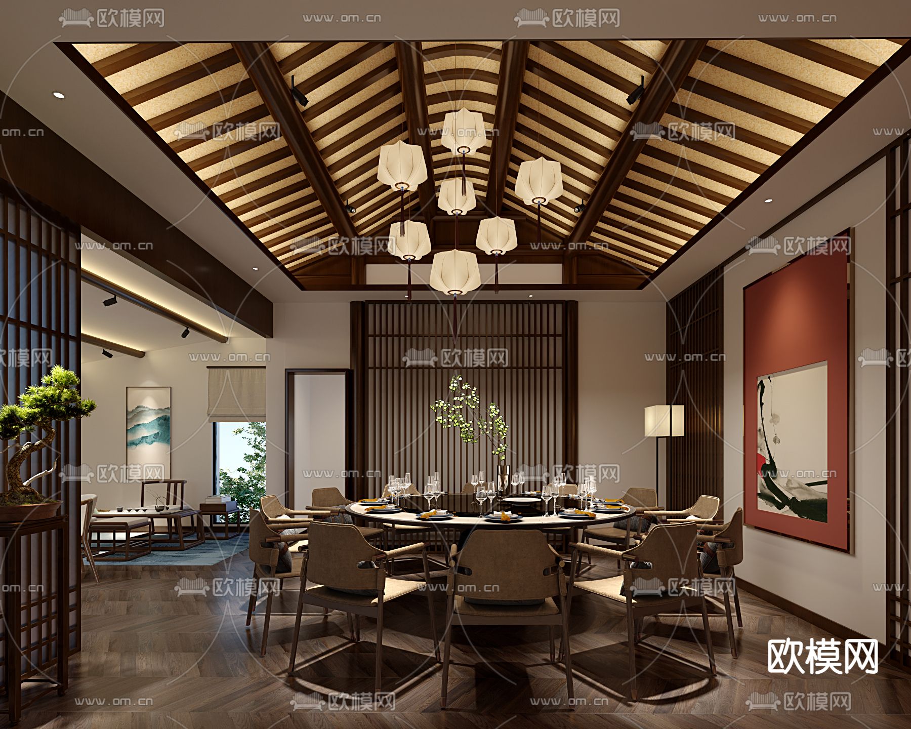 新中式餐厅包厢 包房3d模型下载_ID12138653_3dmax免费模型-欧模网