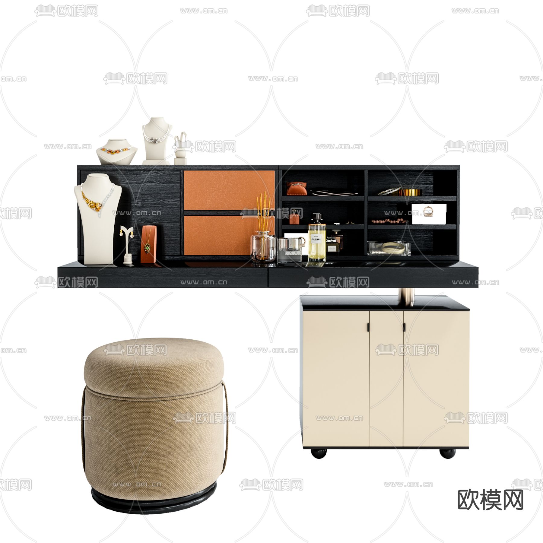 现代轻奢梳妆台 化妆台3d模型下载（渲染图1）