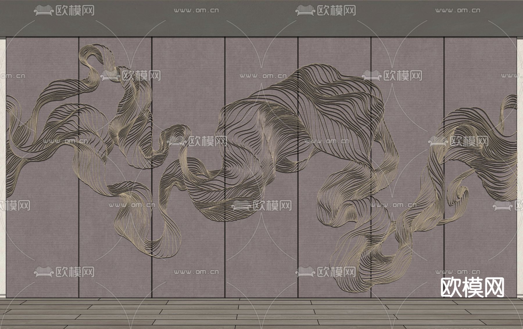 新中式立体水波纹背景墙su模型下载（渲染图2）