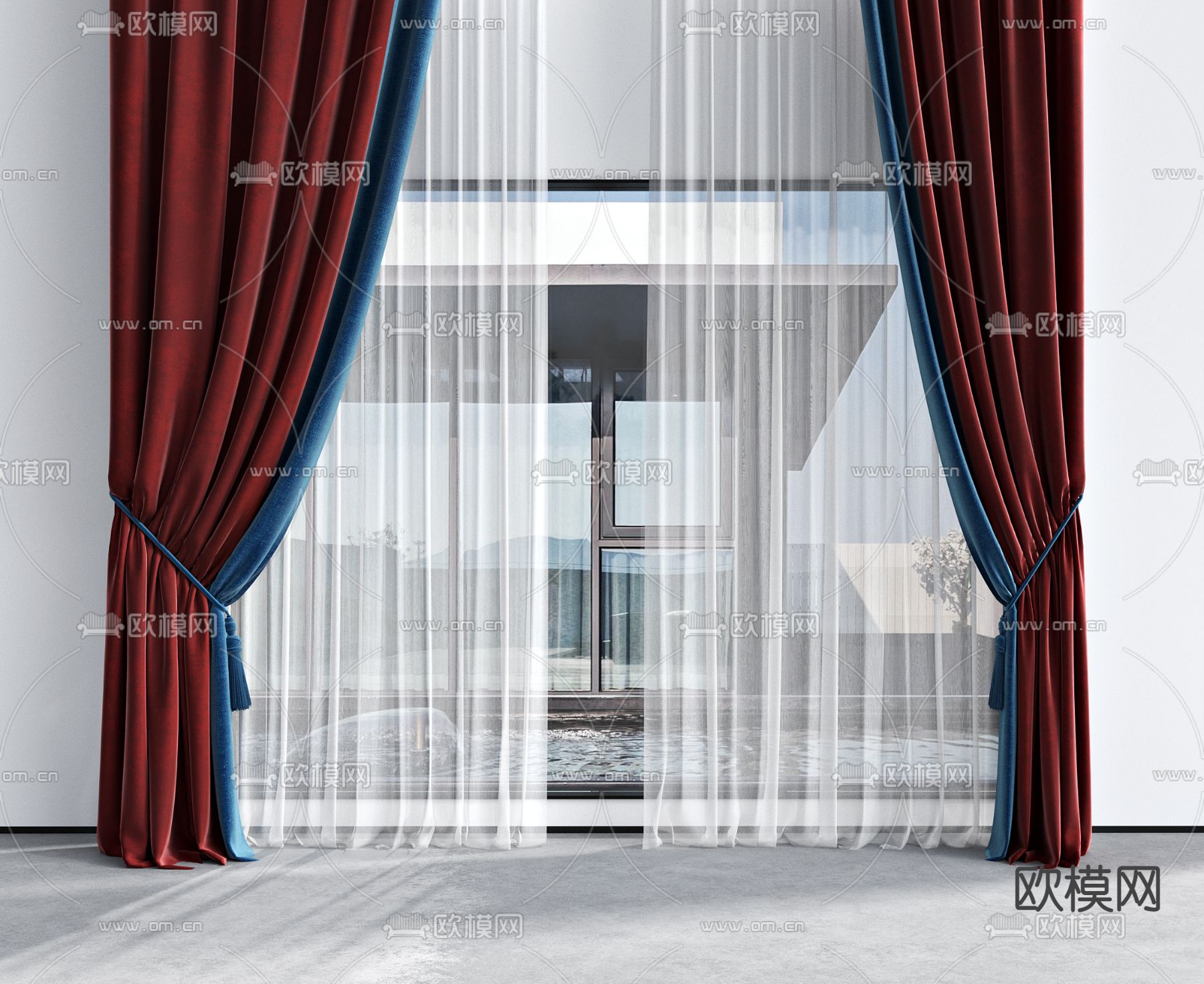 现代红丝绒窗帘 窗纱3d模型下载_ID12145623_3dmax免费模型-欧模网