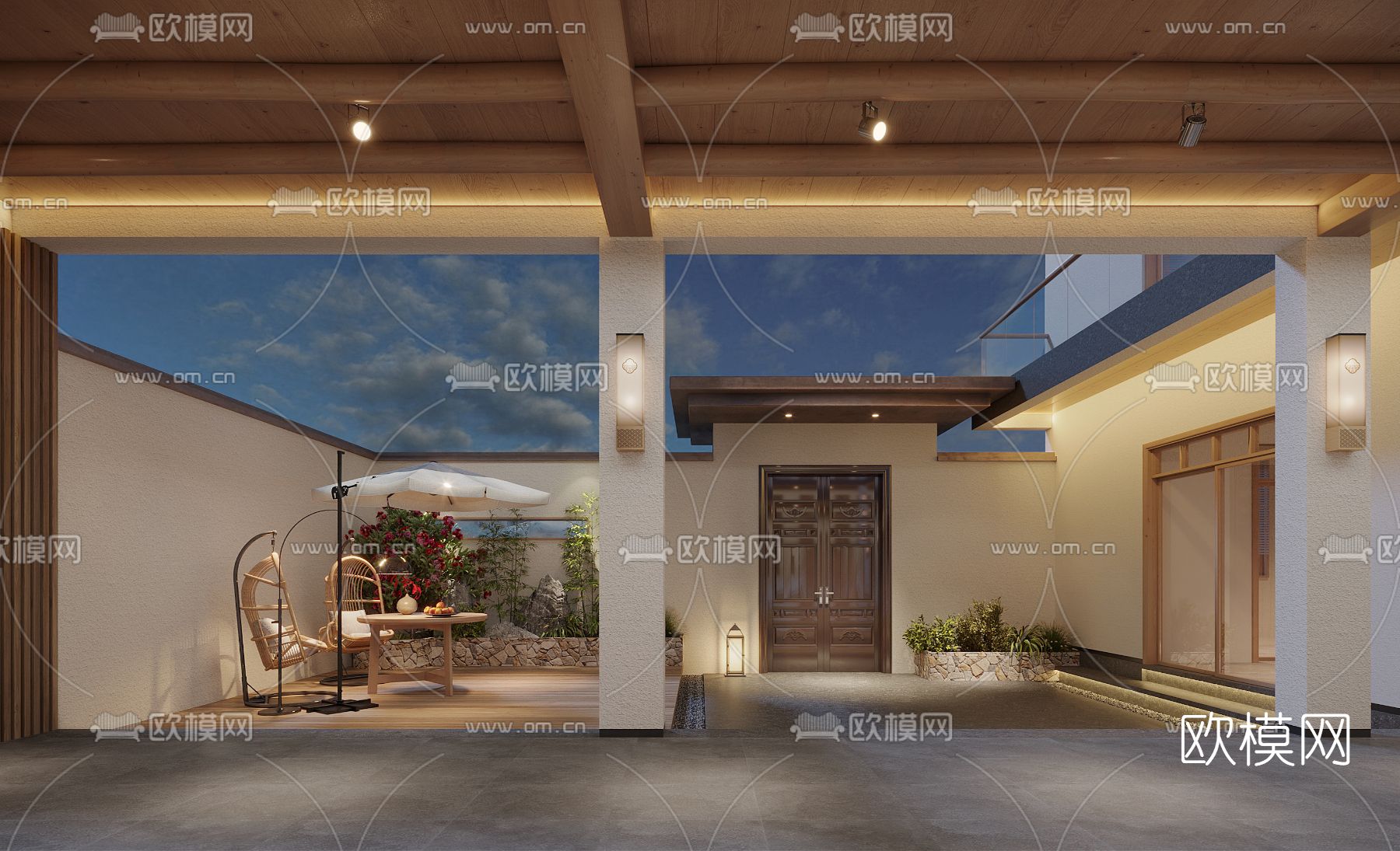 新中式民宿庭院3d模型下载（渲染图2）