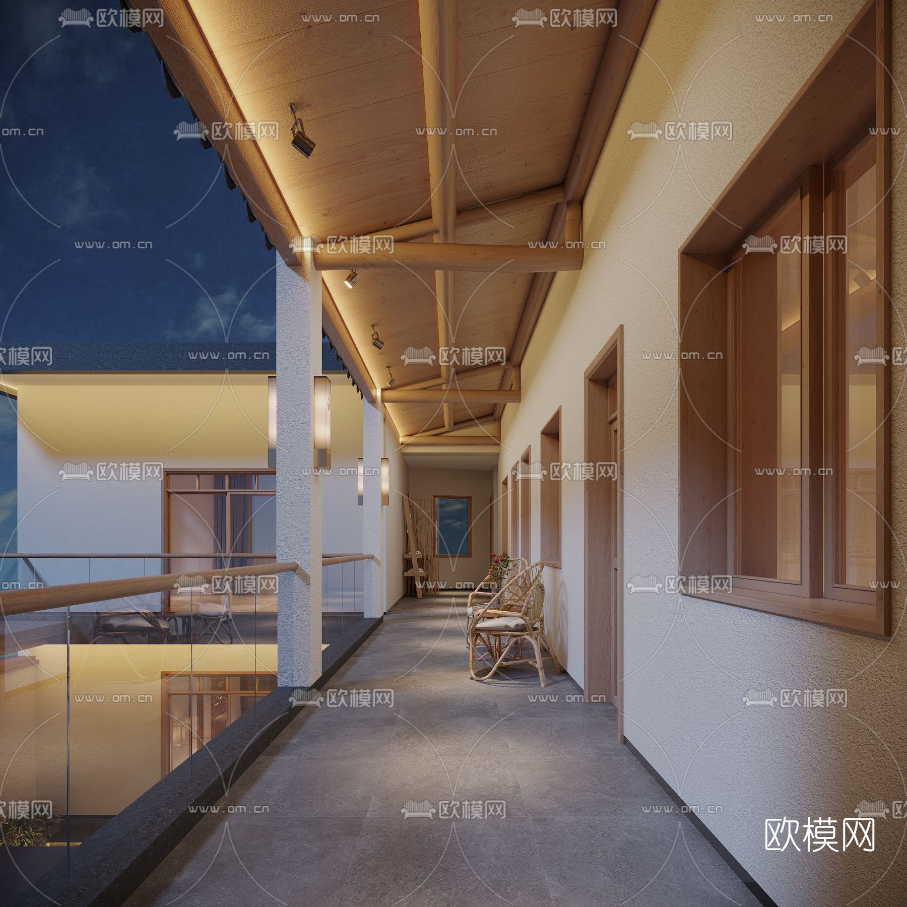 新中式民宿庭院3d模型下载（渲染图3）