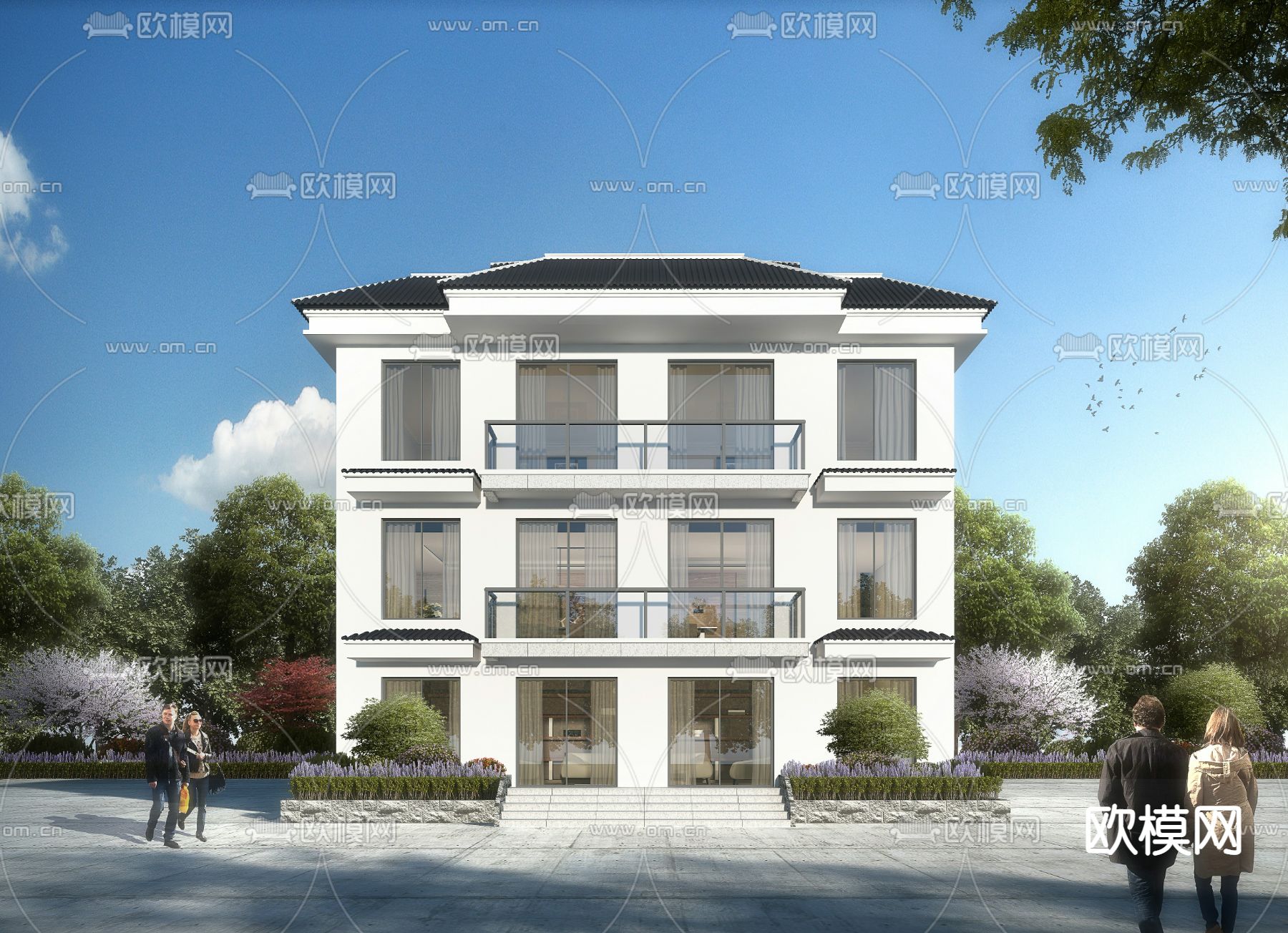 新中式独栋别墅建筑外观psd下载