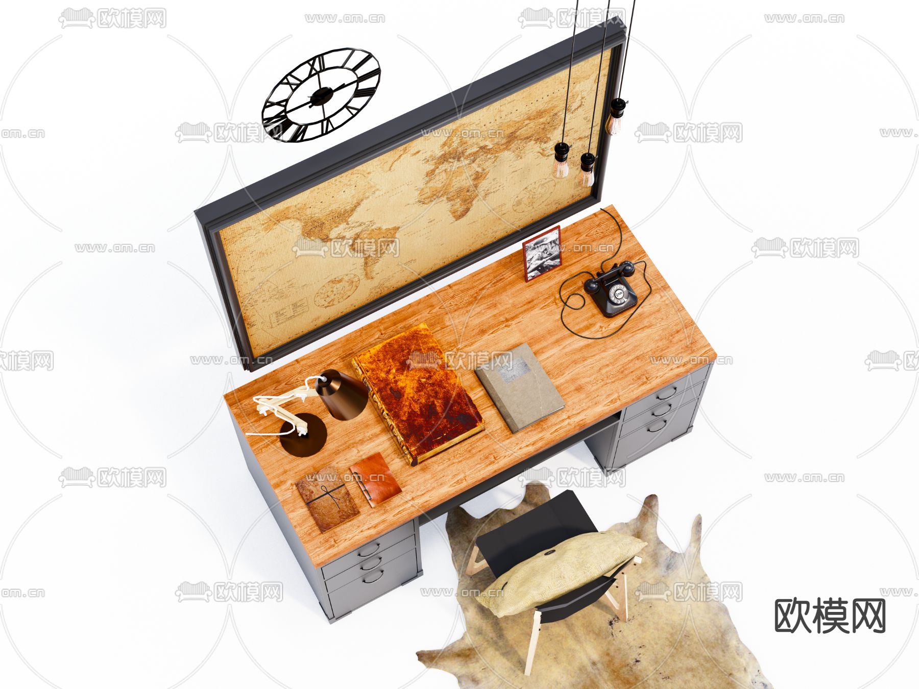 美式复古书桌椅组合su模型下载（渲染图4）