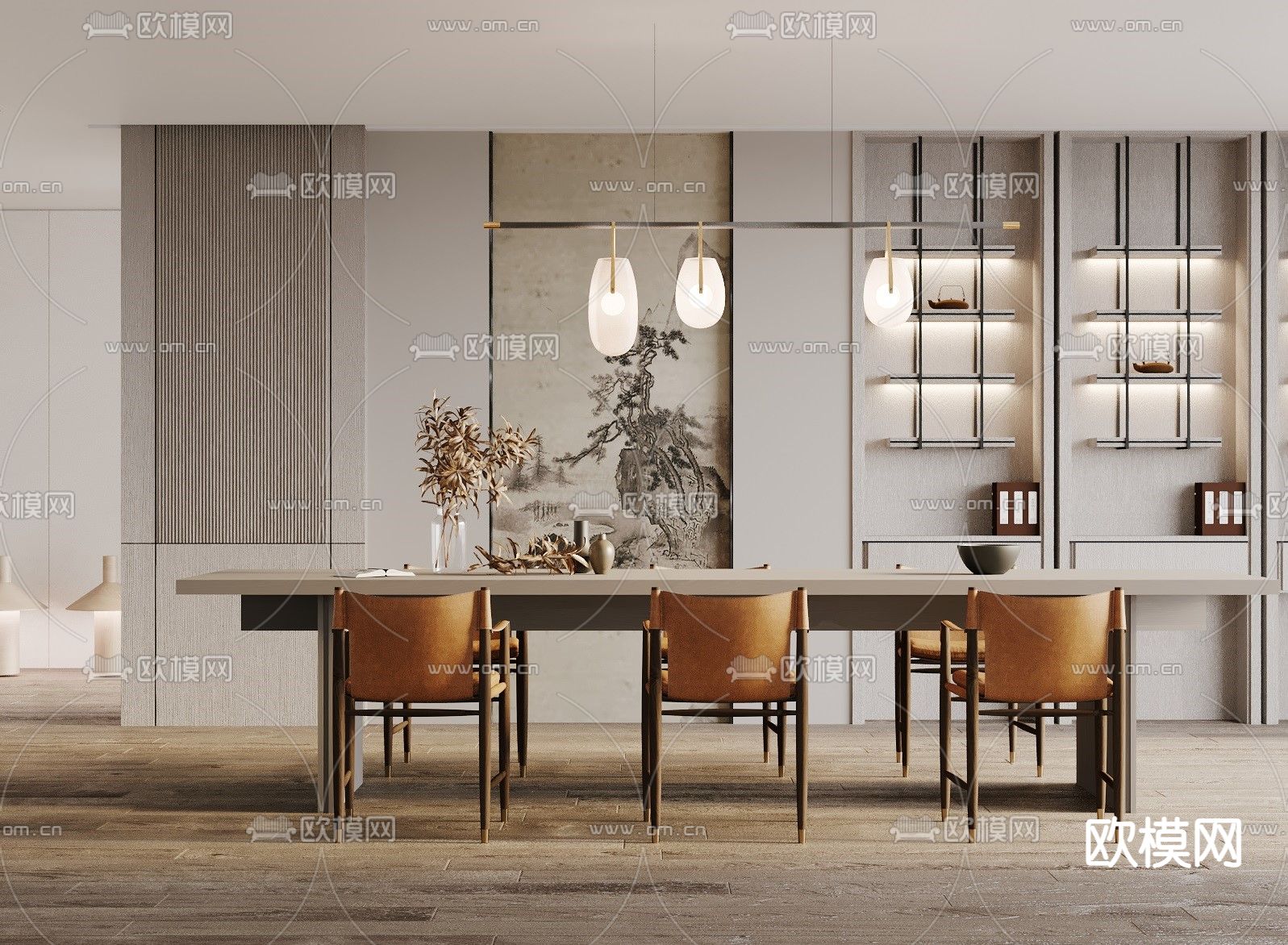 现代条形餐桌椅3d模型下载