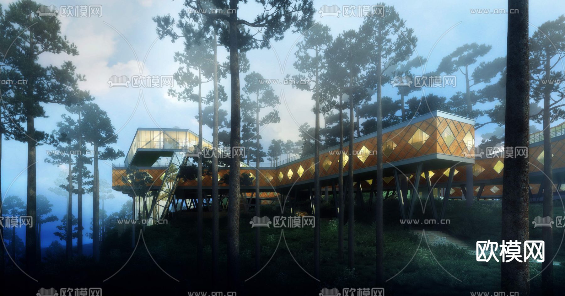 现代山地酒店外观夜景psd下载