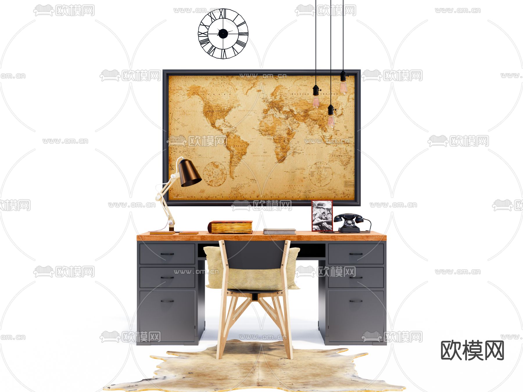 美式复古书桌椅组合su模型下载（渲染图1）