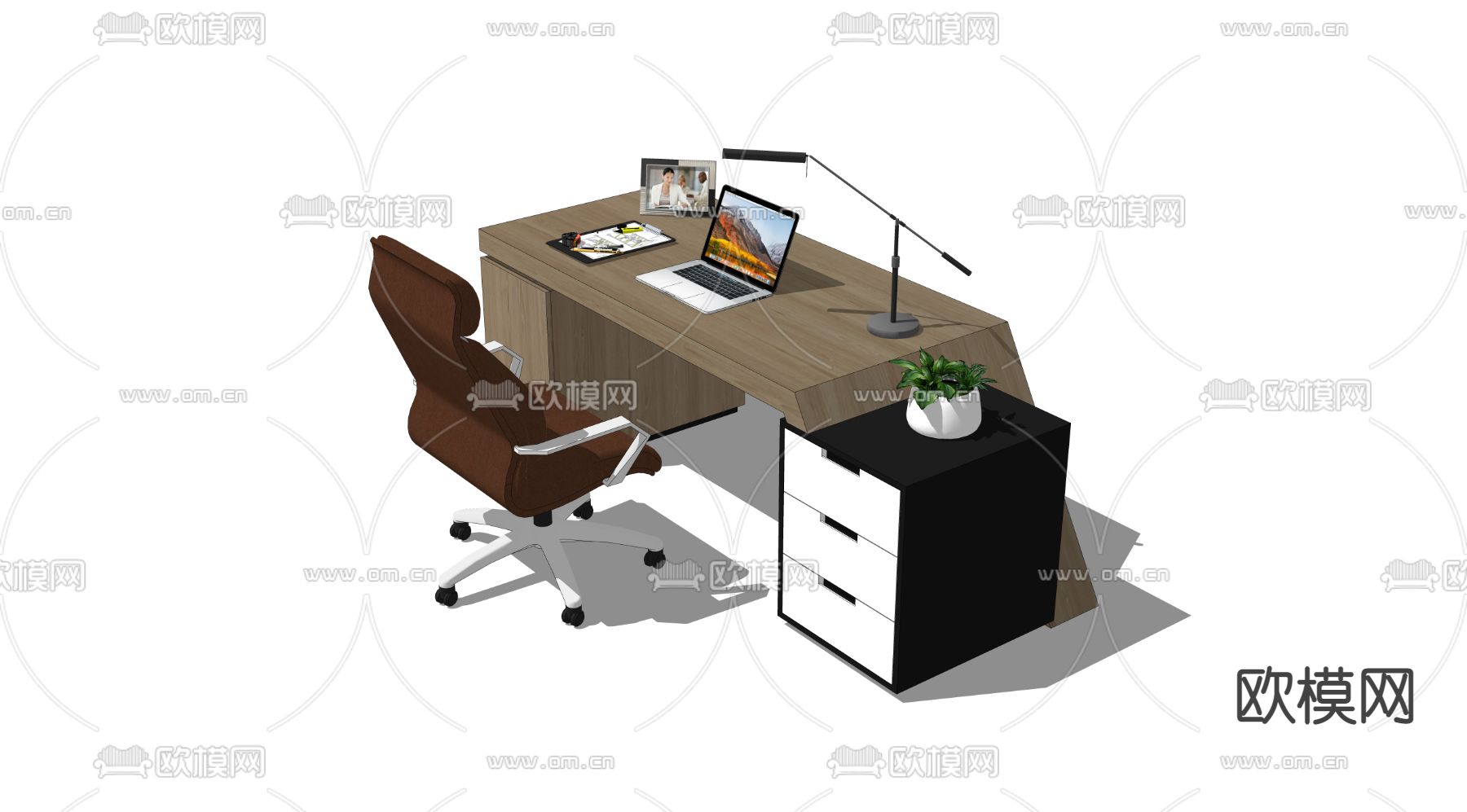 现代办公班台桌椅su模型下载（渲染图2）