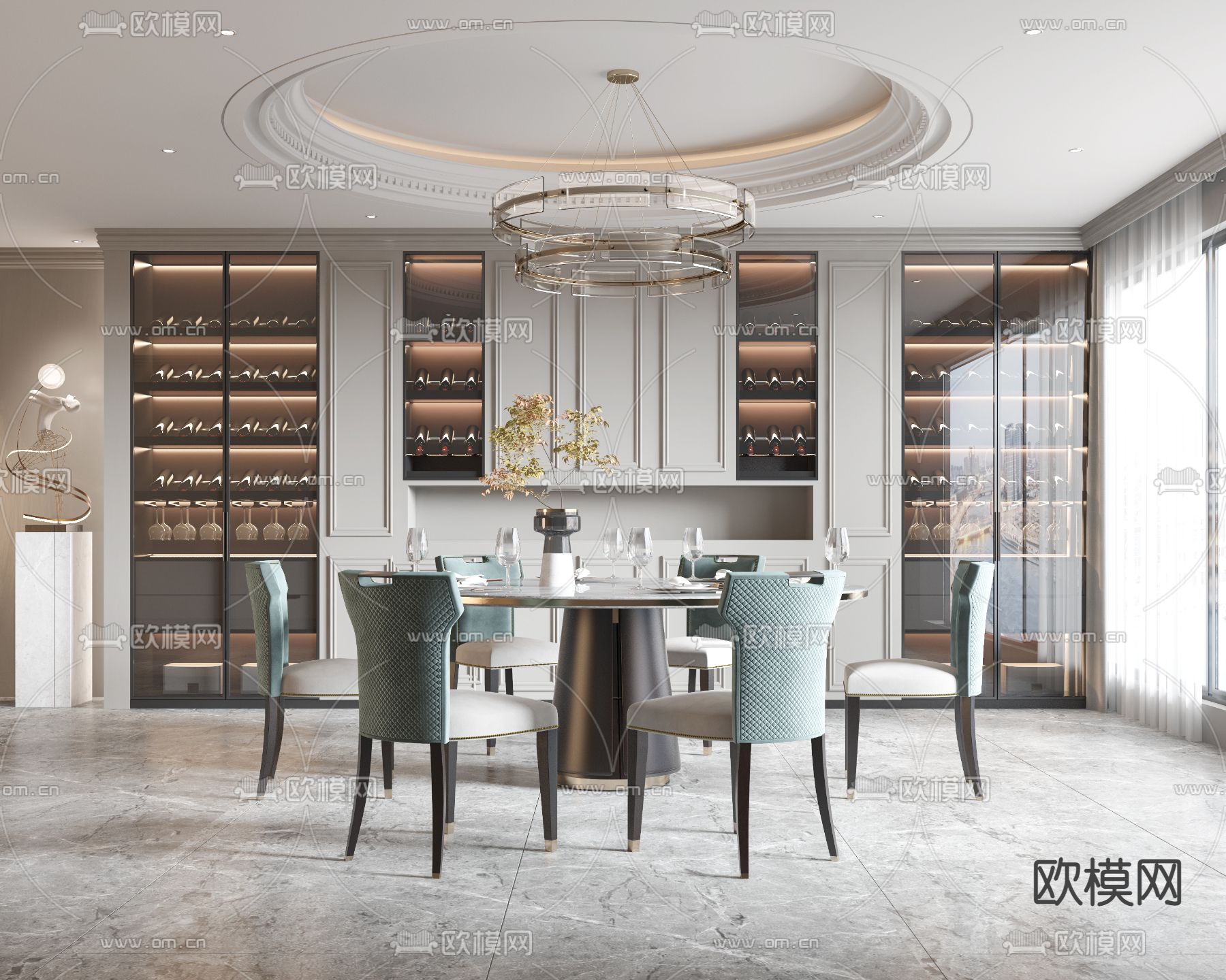 美式轻奢餐厅3d模型下载（渲染图1）