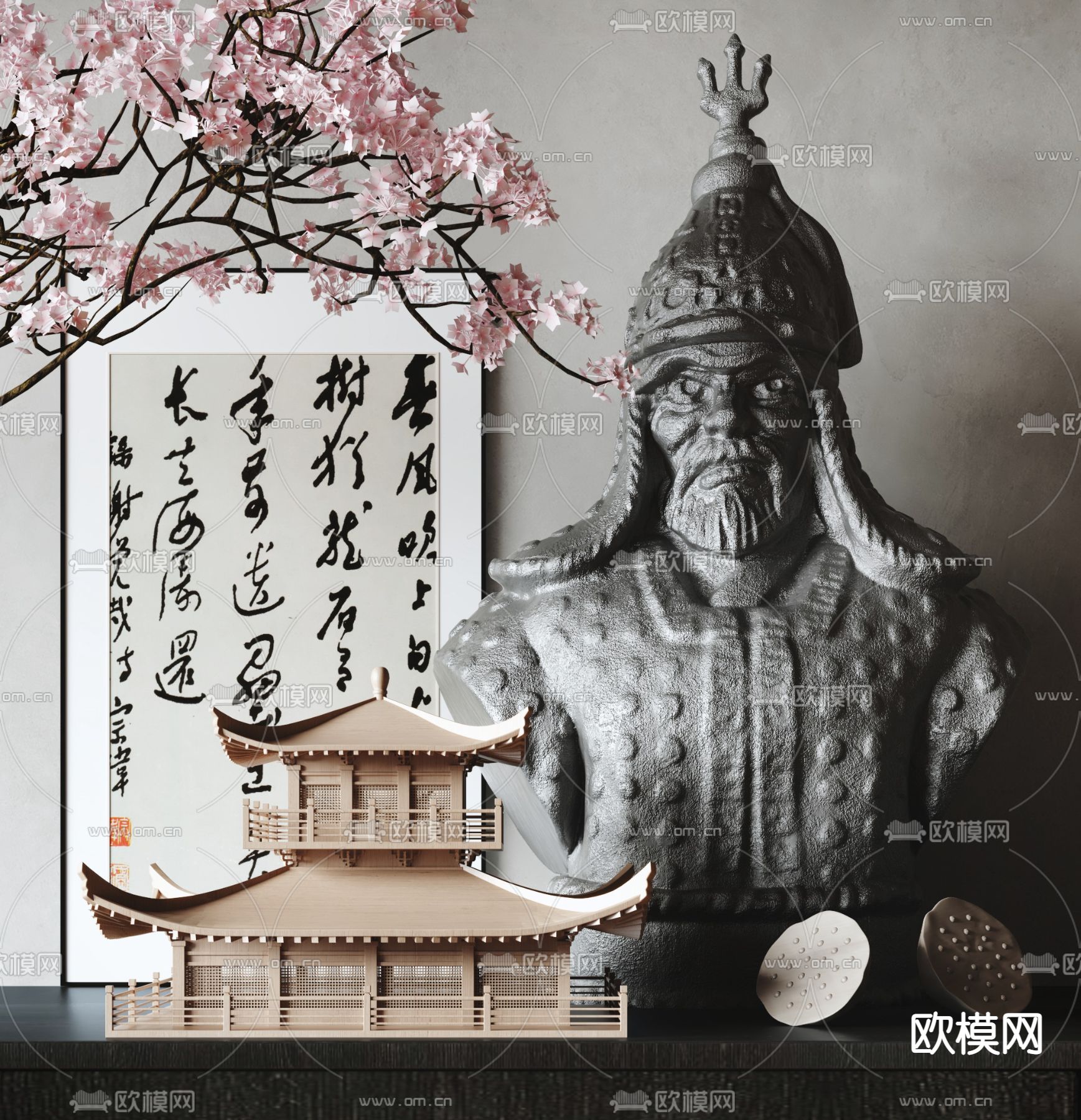 新中式武将雕塑su模型下载（渲染图1）