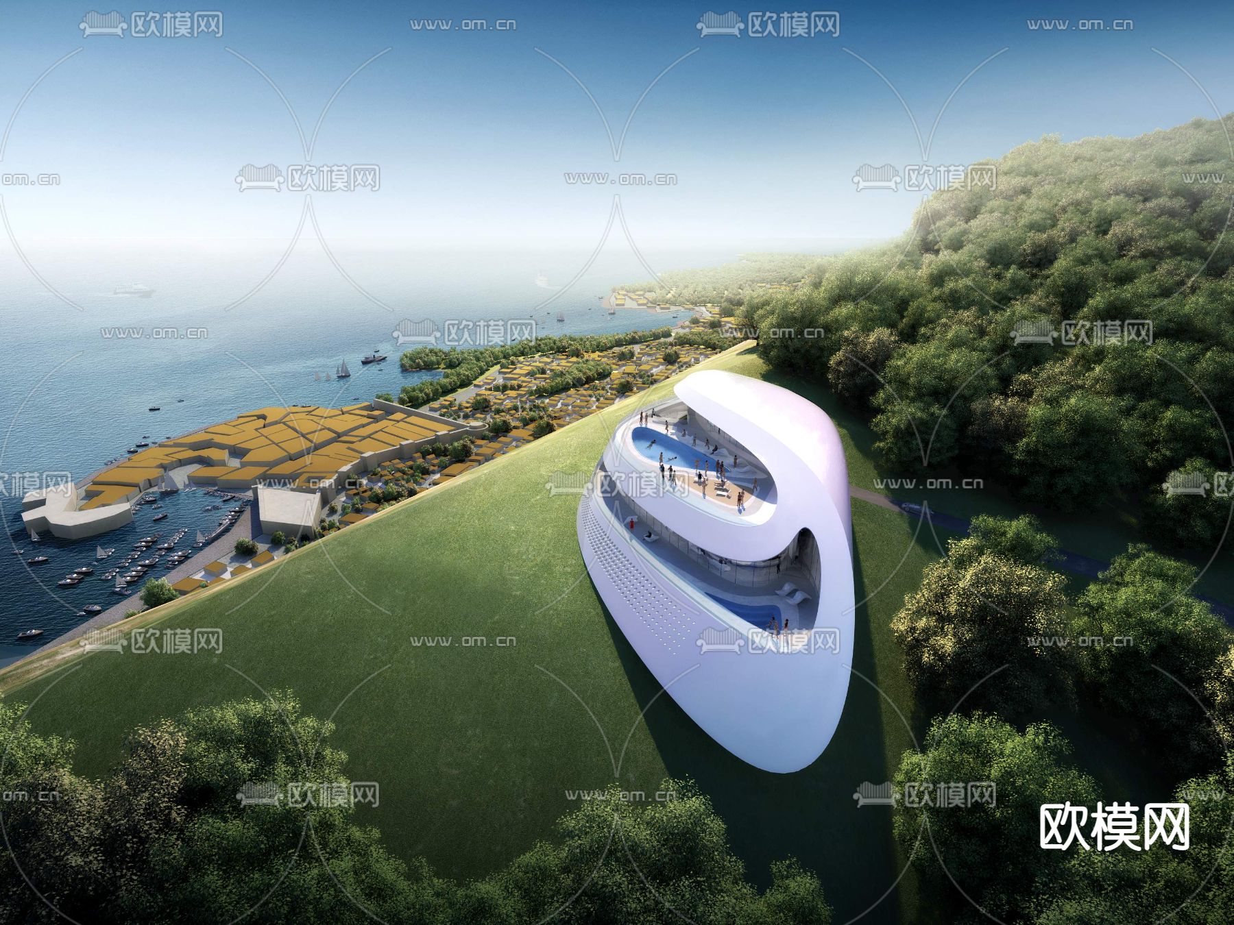 现代异形游泳馆外观鸟瞰psd下载