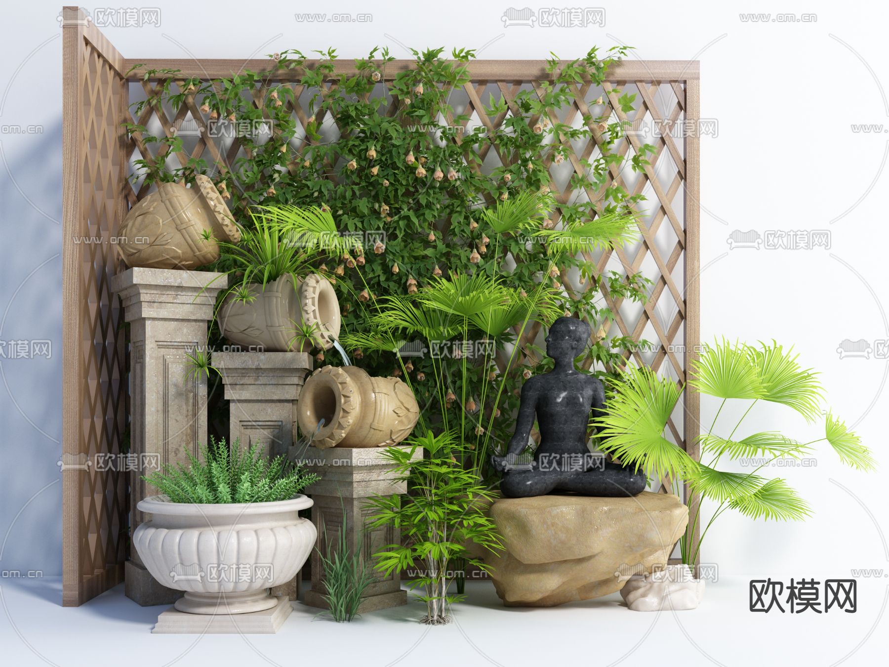 欧式流水绿植小品3d模型下载