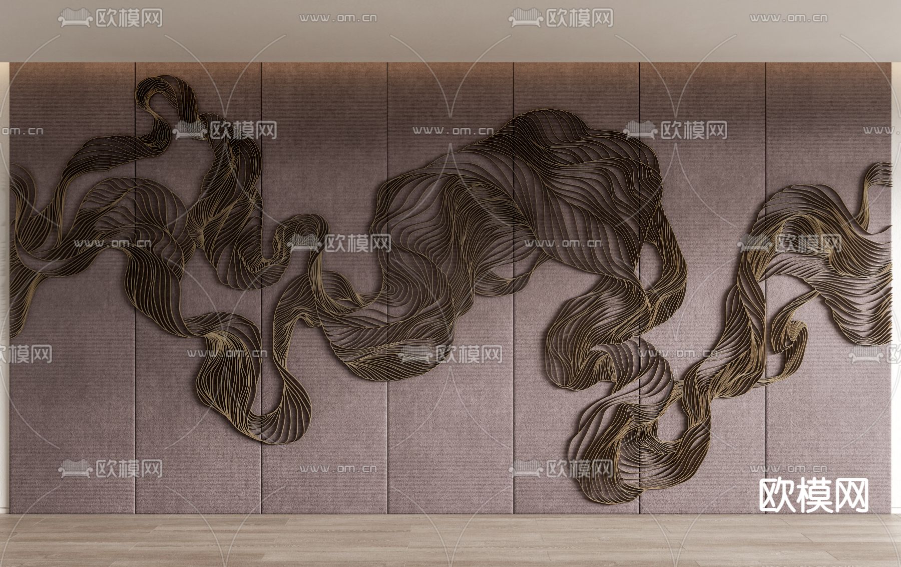 新中式立体水波纹背景墙su模型下载（渲染图1）