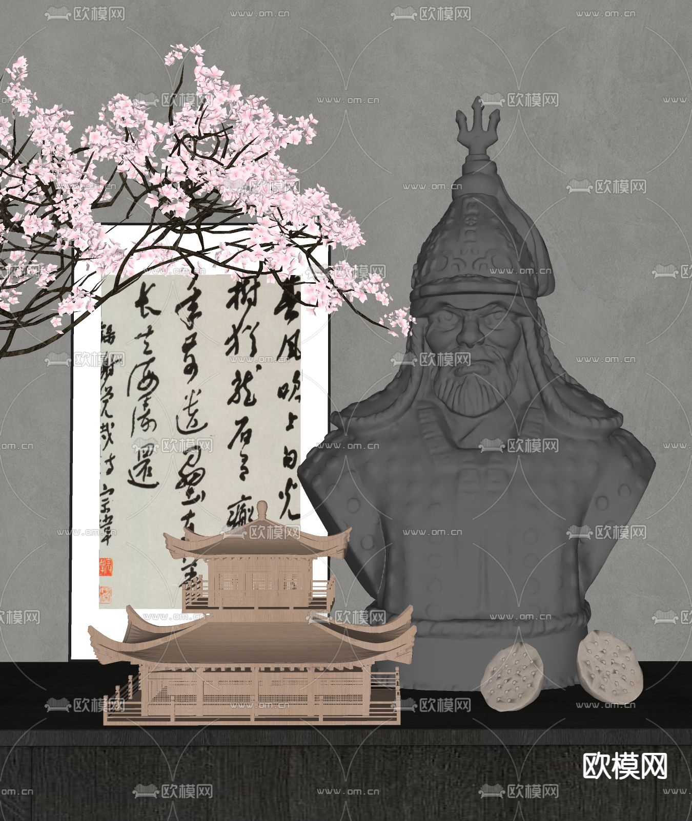 新中式武将雕塑su模型下载（渲染图2）
