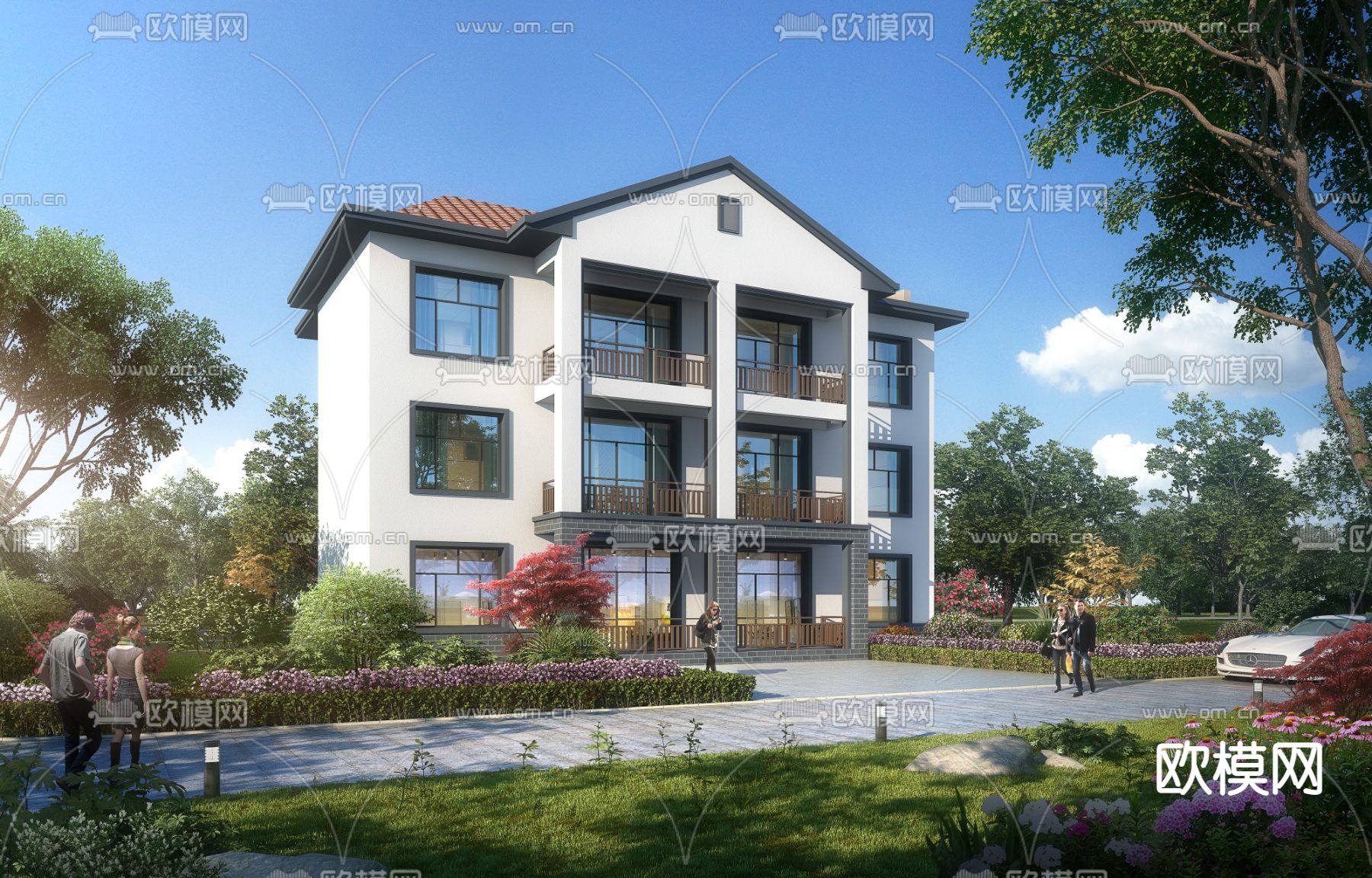 新中式独栋别墅建筑外观psd下载