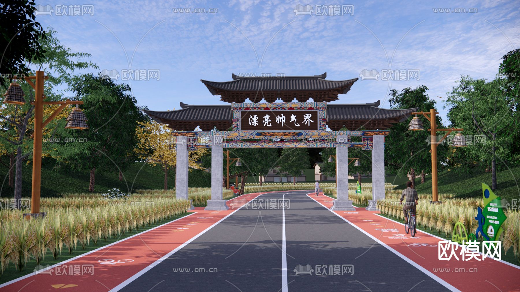 中式景区入口大门形象门su模型下载（渲染图1）