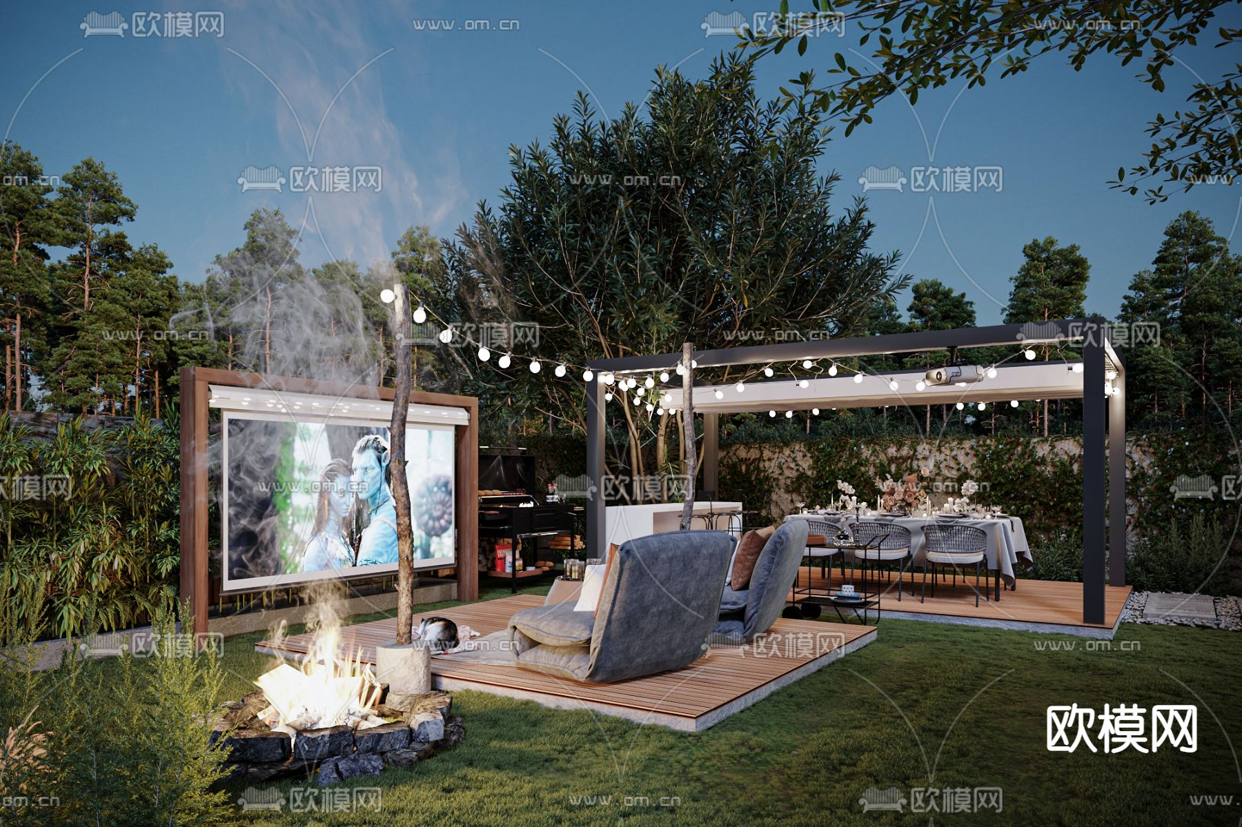 现代别墅庭院花园夜景3d模型下载_ID12141099_3dmax免费模型-欧模网