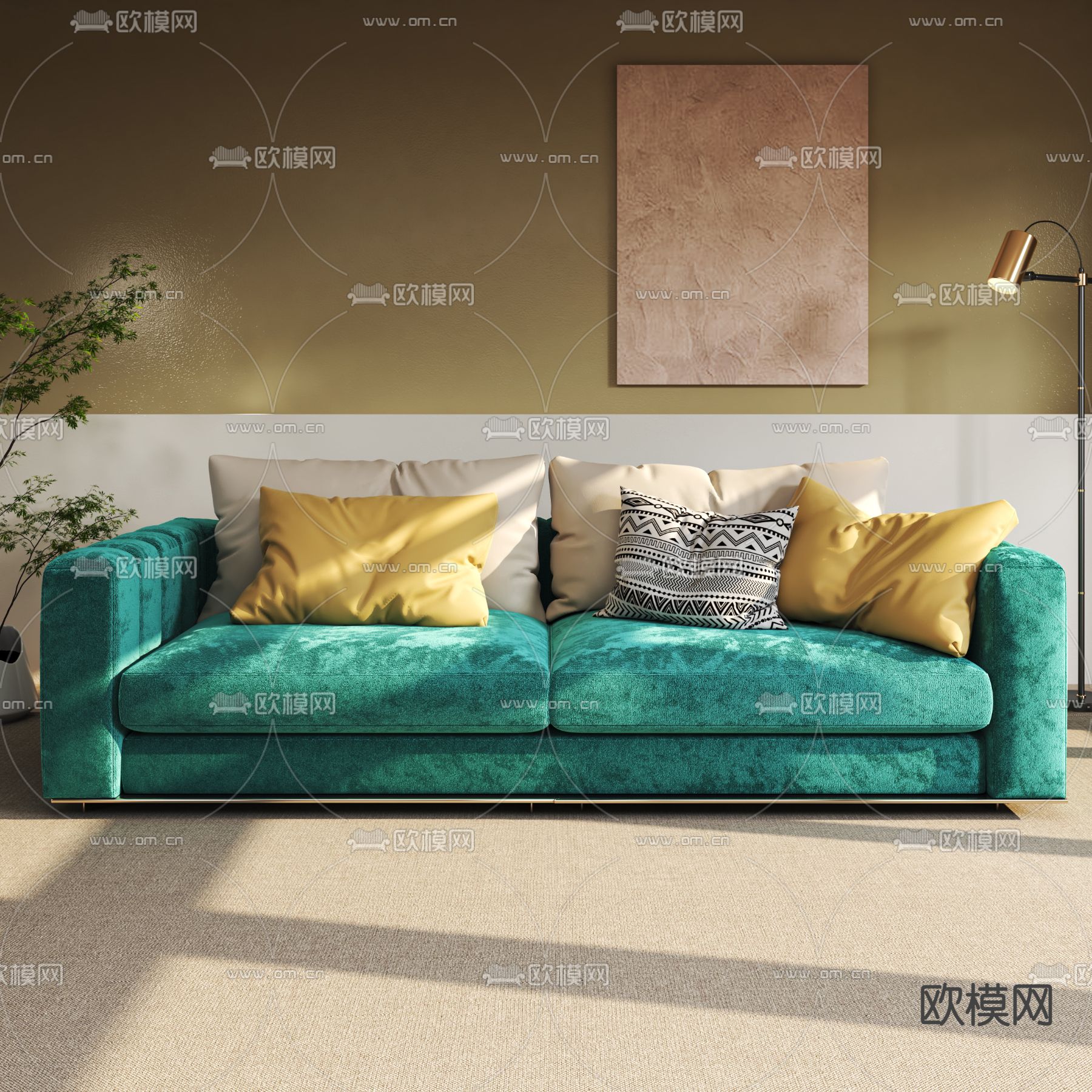 现代绿色双人沙发3d模型下载_ID12141240_3dmax免费模型-欧模网
