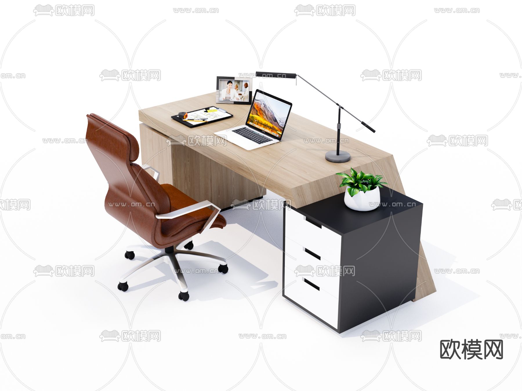 现代办公班台桌椅su模型下载（渲染图3）
