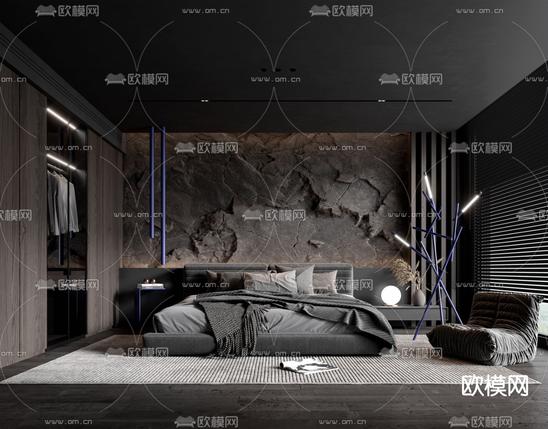 现代暗黑风卧室su模型下载（渲染图1）