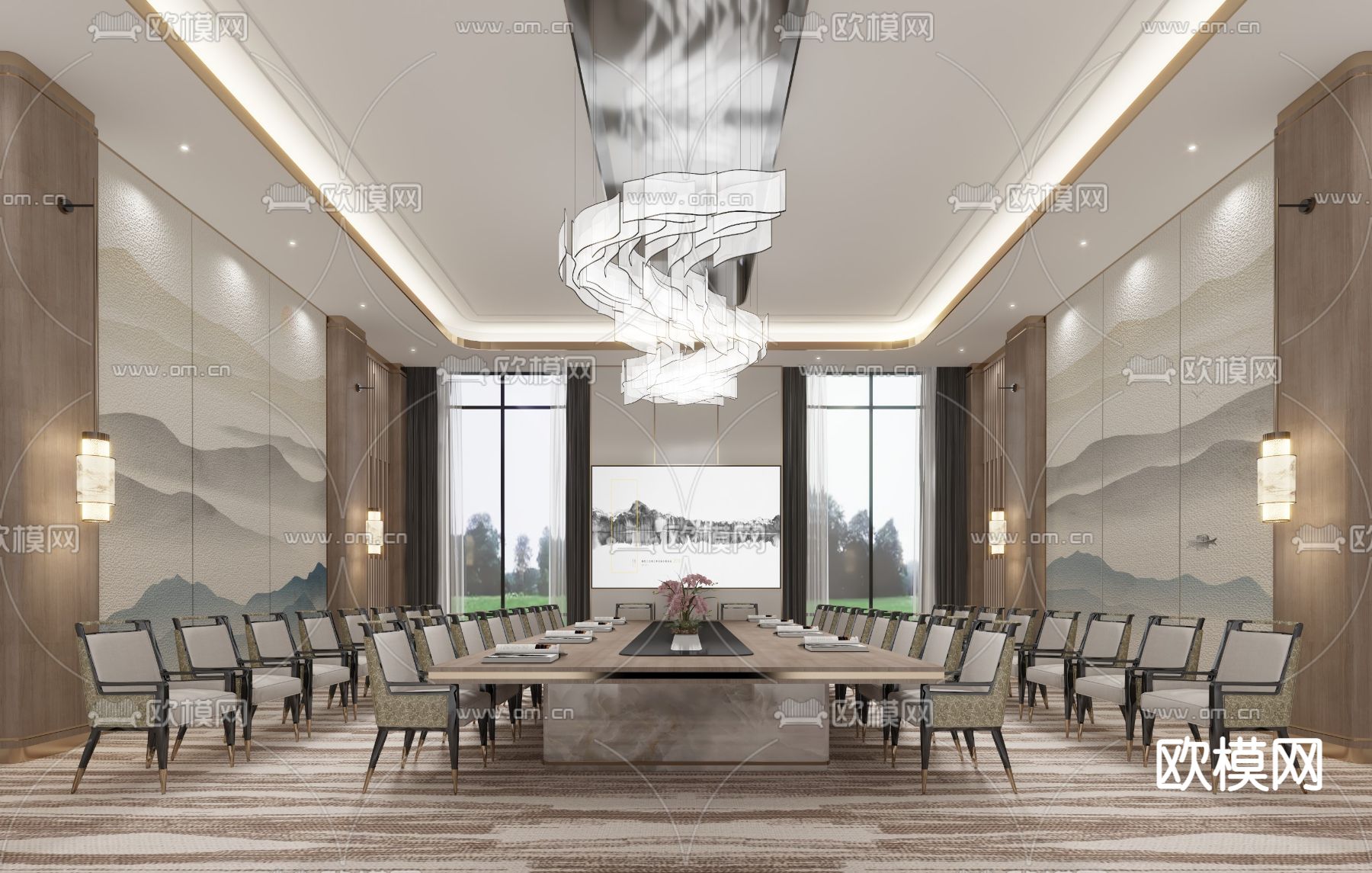 新中式酒店会议室3d模型下载_ID12143221_3dmax免费模型-欧模网