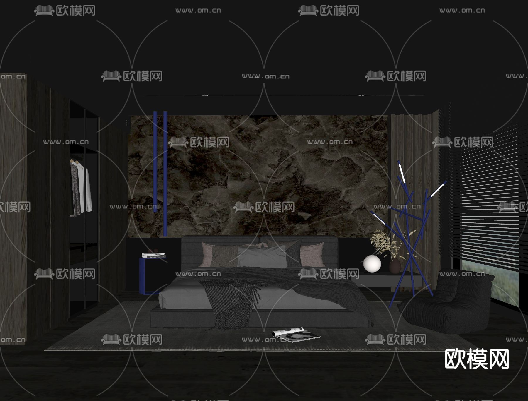现代暗黑风卧室su模型下载（渲染图2）