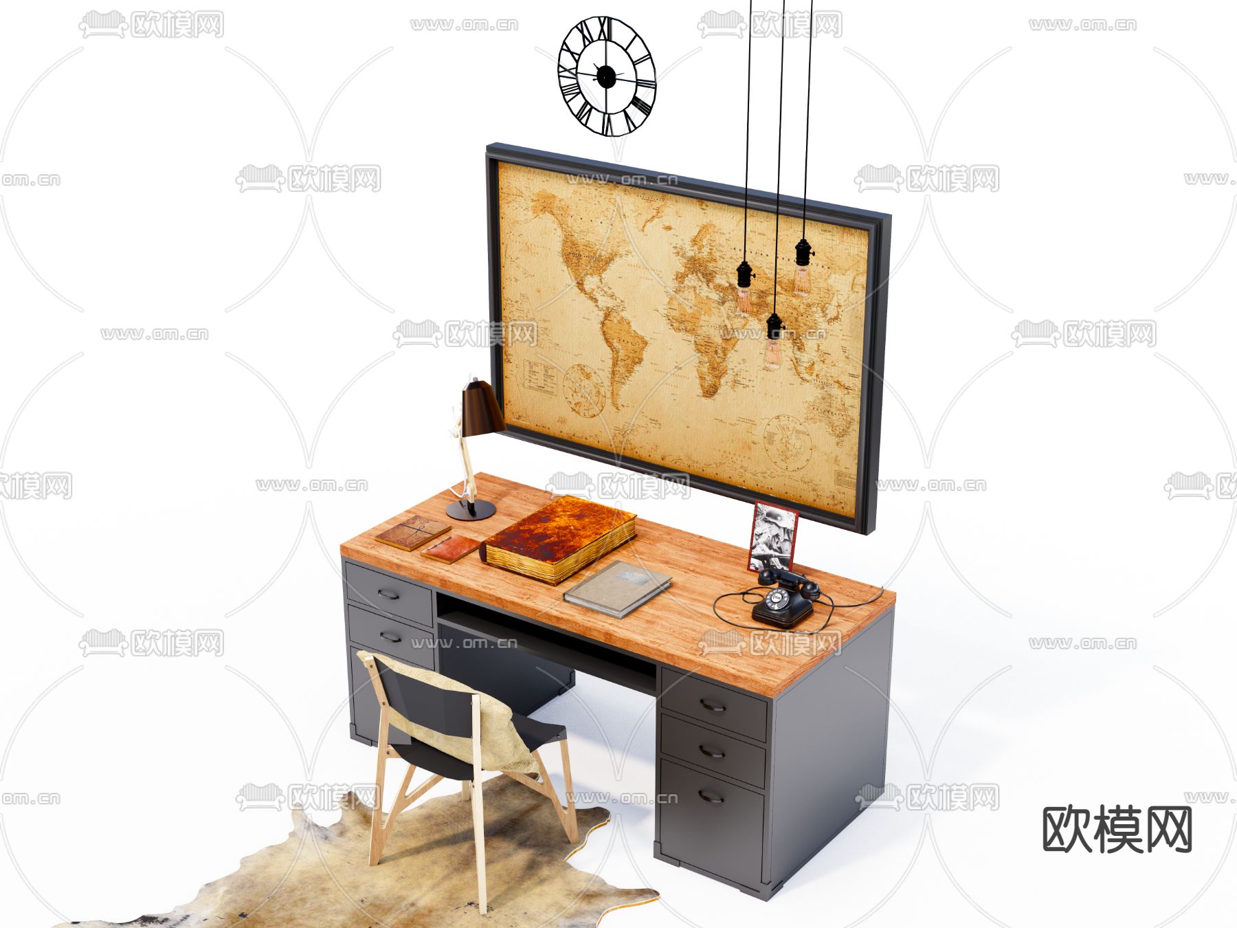 美式复古书桌椅组合su模型下载（渲染图3）