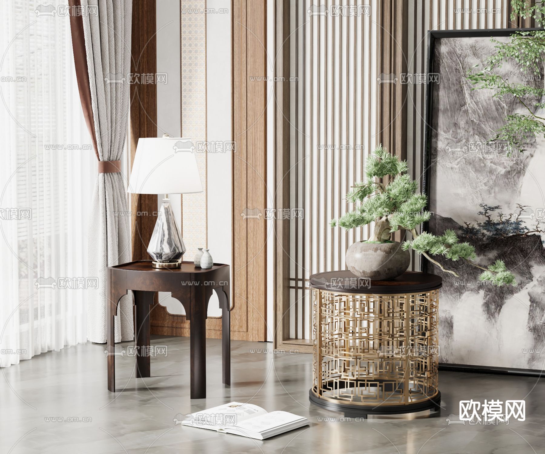 新中式边几圆几3d模型下载