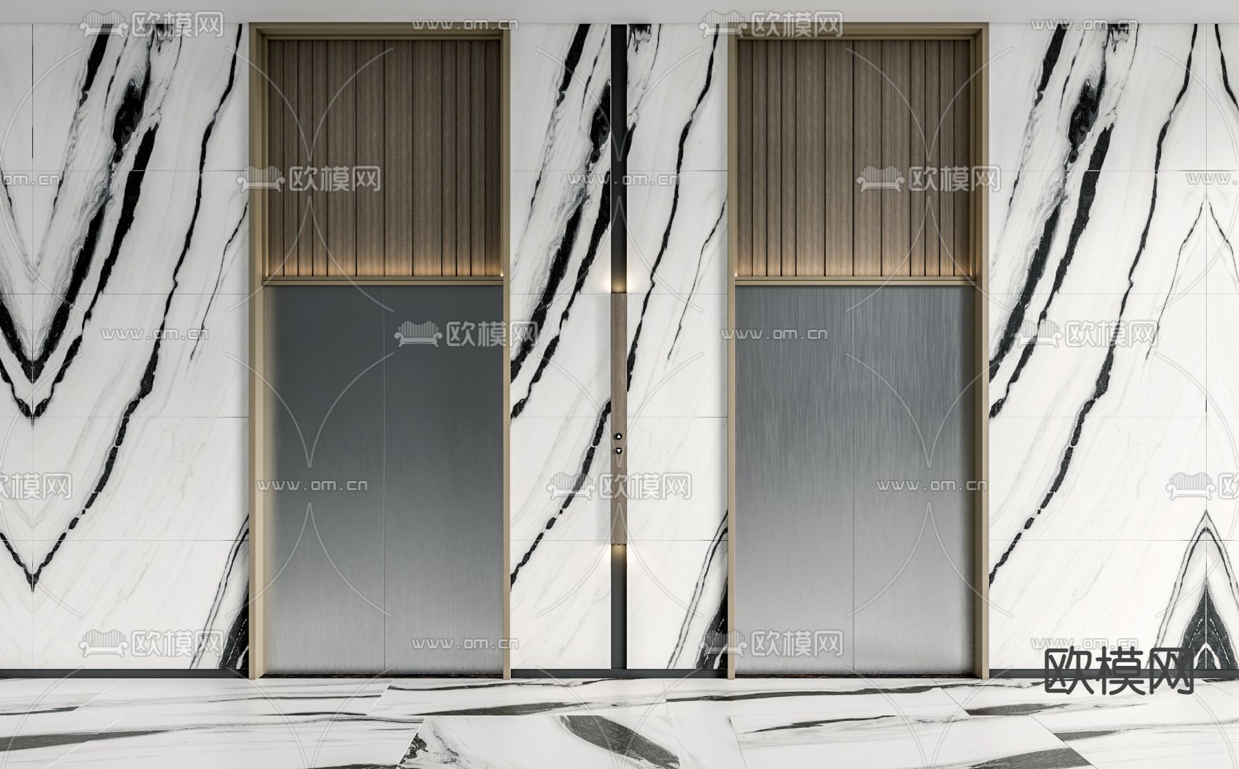 新中式电梯厅 电梯间su模型下载（渲染图1）