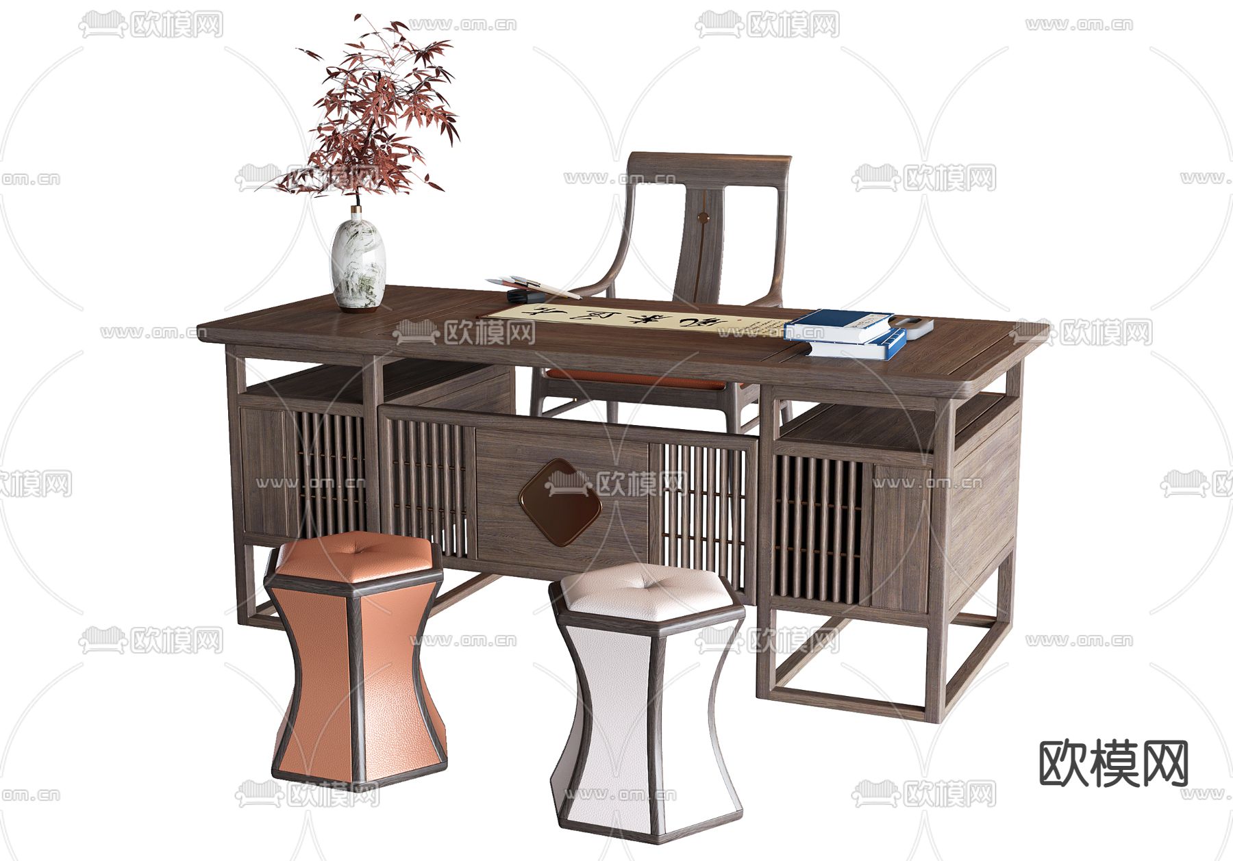 新中式书桌椅su模型下载（渲染图1）