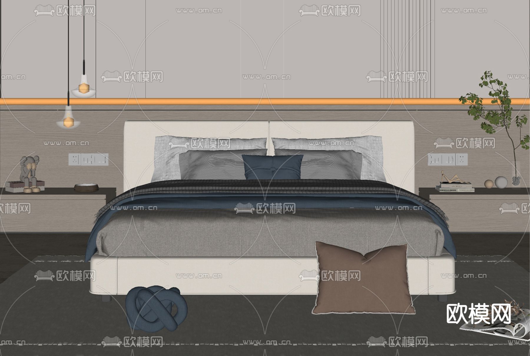 现代布艺双人床su模型下载（渲染图2）