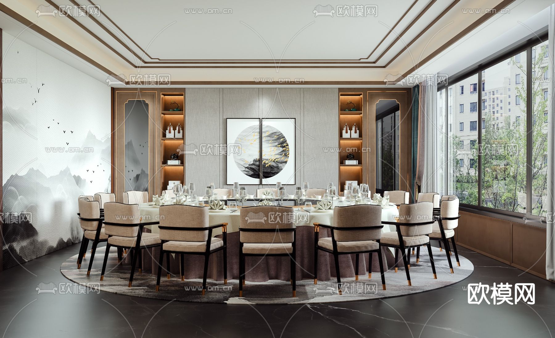 新中式中餐厅包房su模型下载（渲染图1）