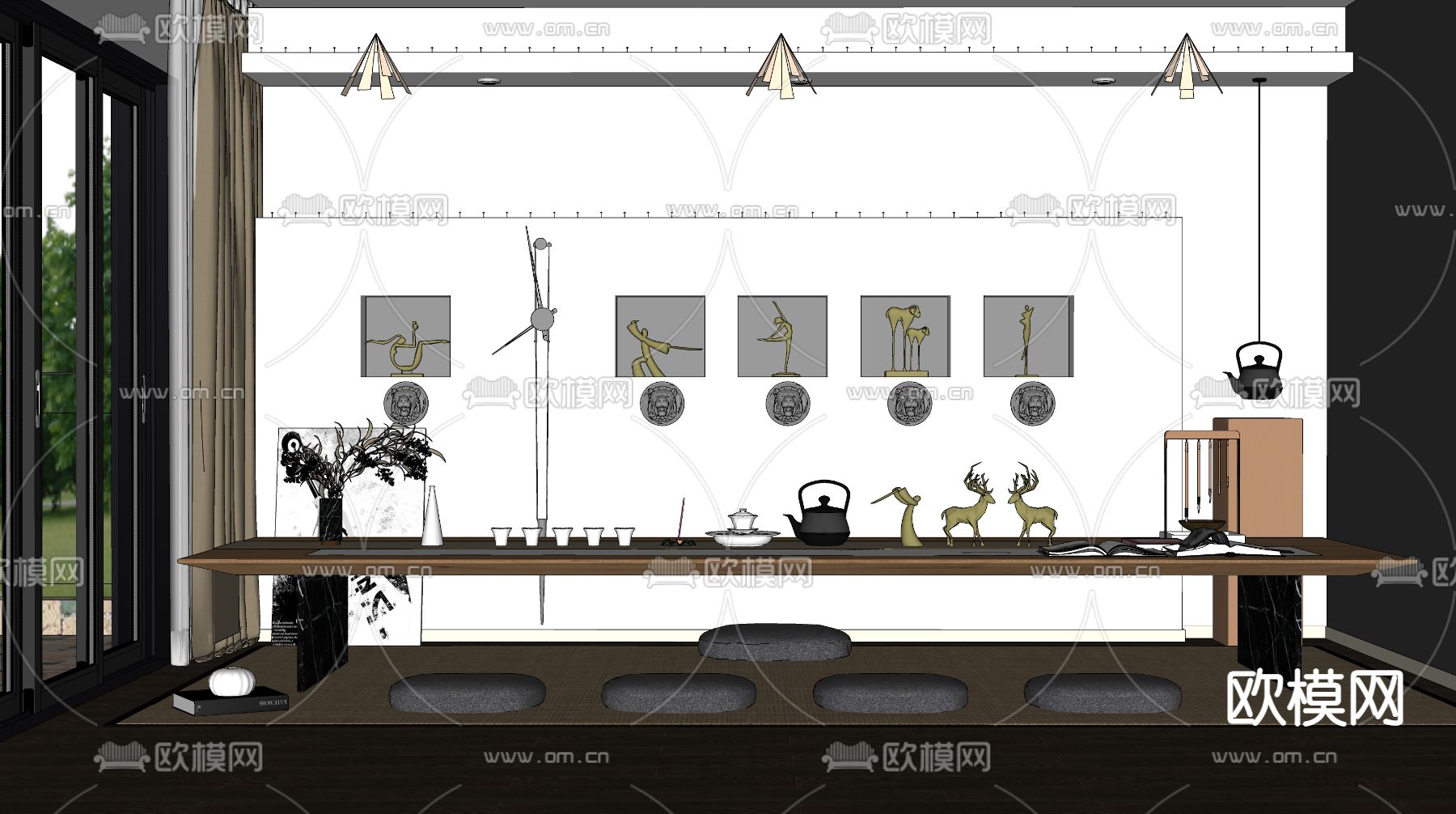 新中式榻榻米茶室su模型下载（渲染图2）