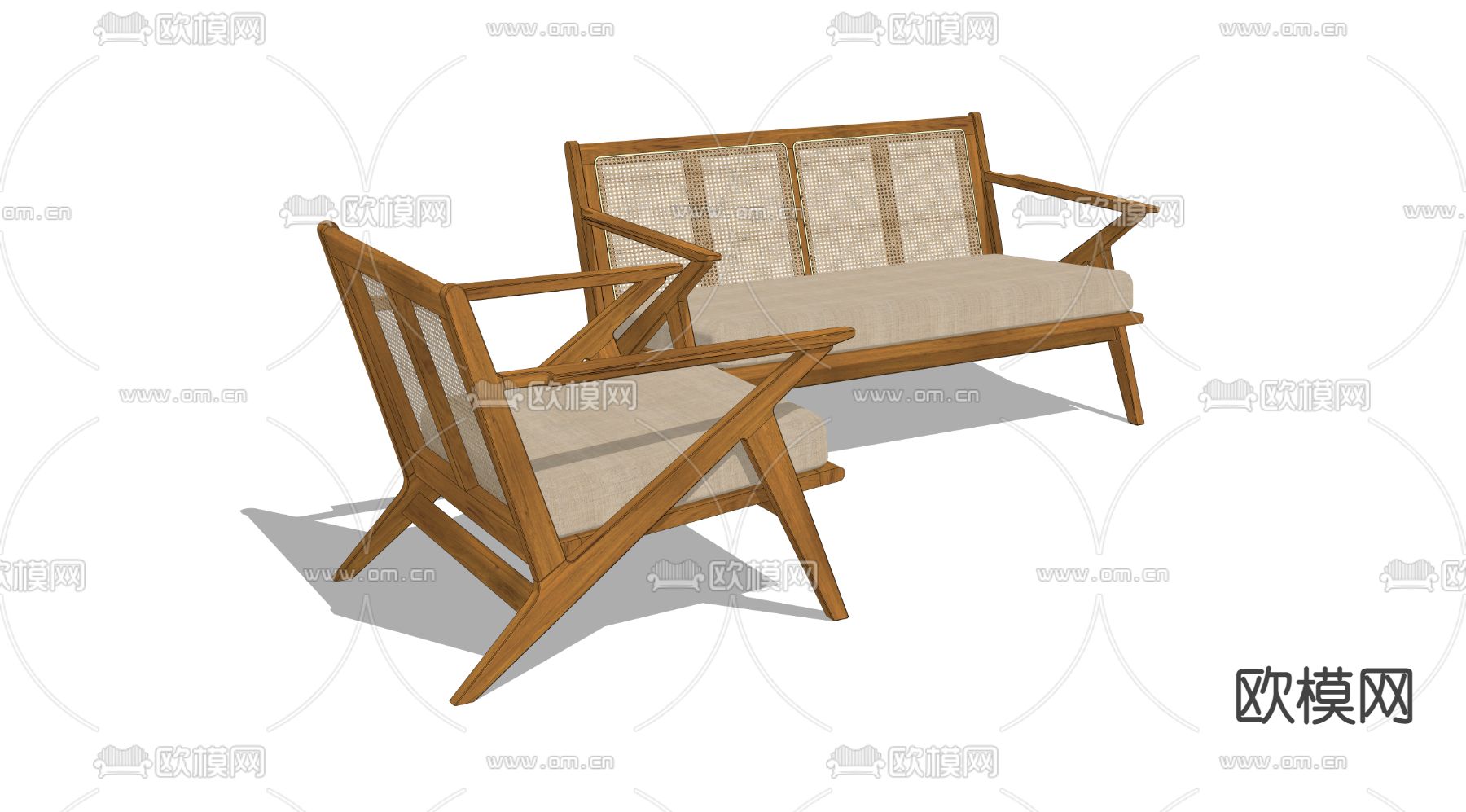 现代藤编双人沙发su模型下载（渲染图4）