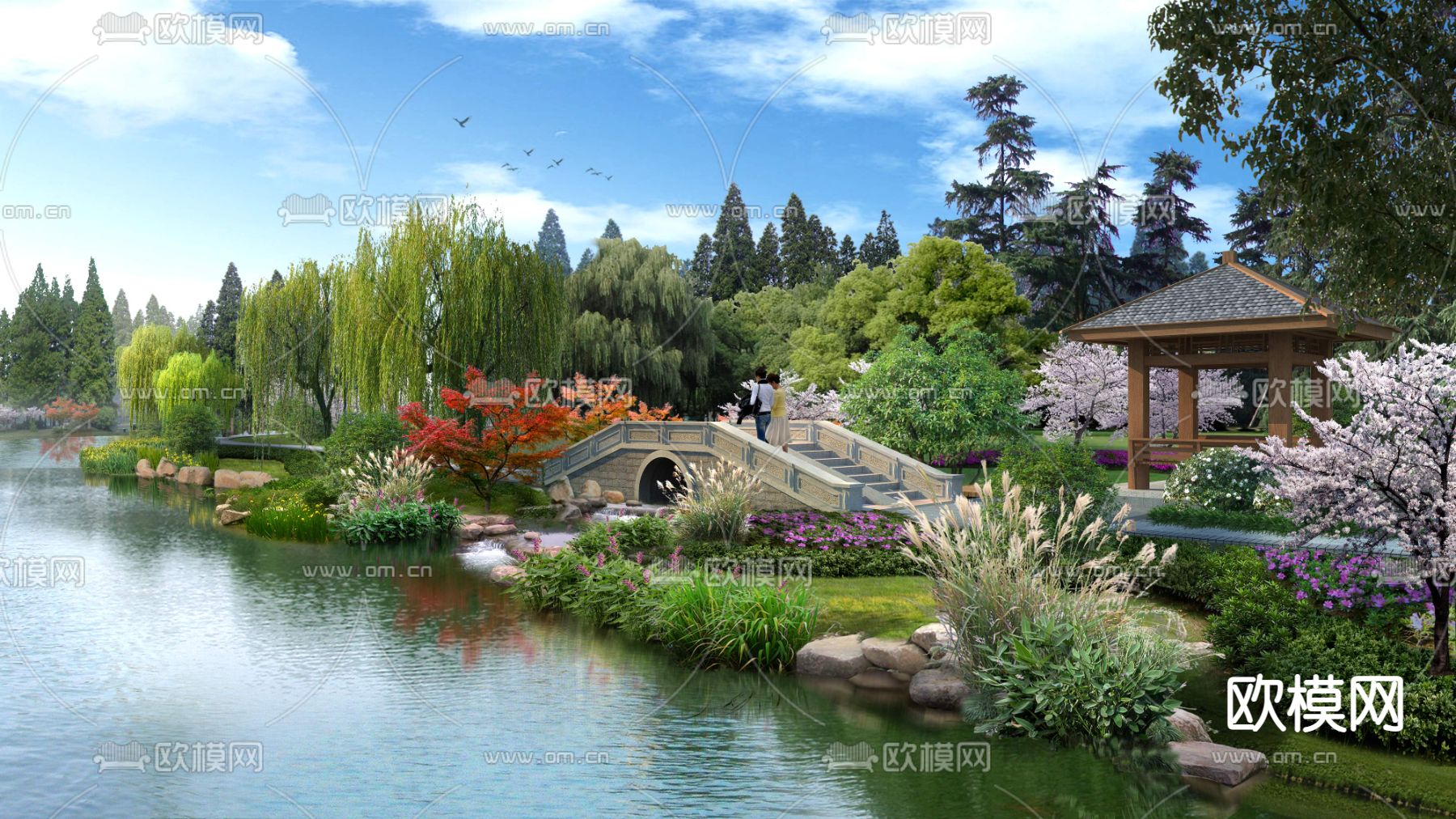 现代湿地公园廊桥园林psd下载