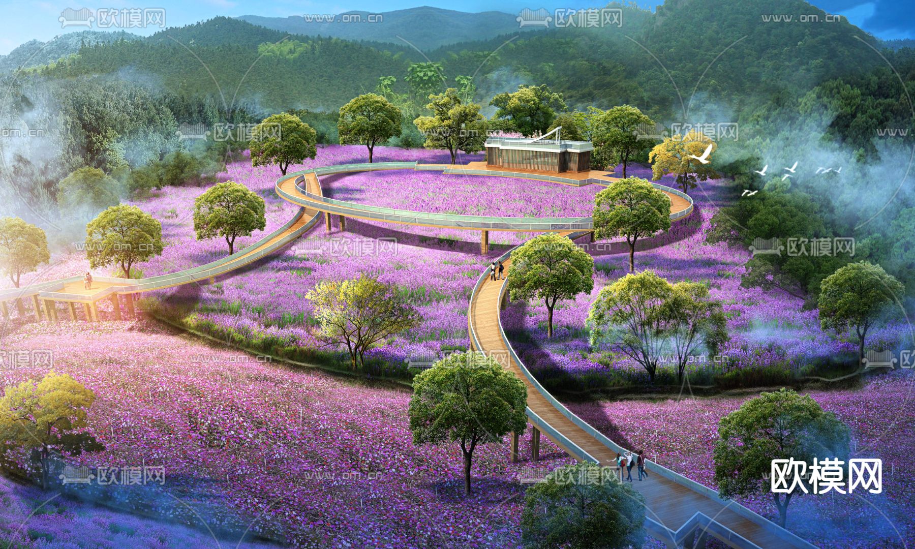 现代樱花草花卉园林鸟瞰psd下载