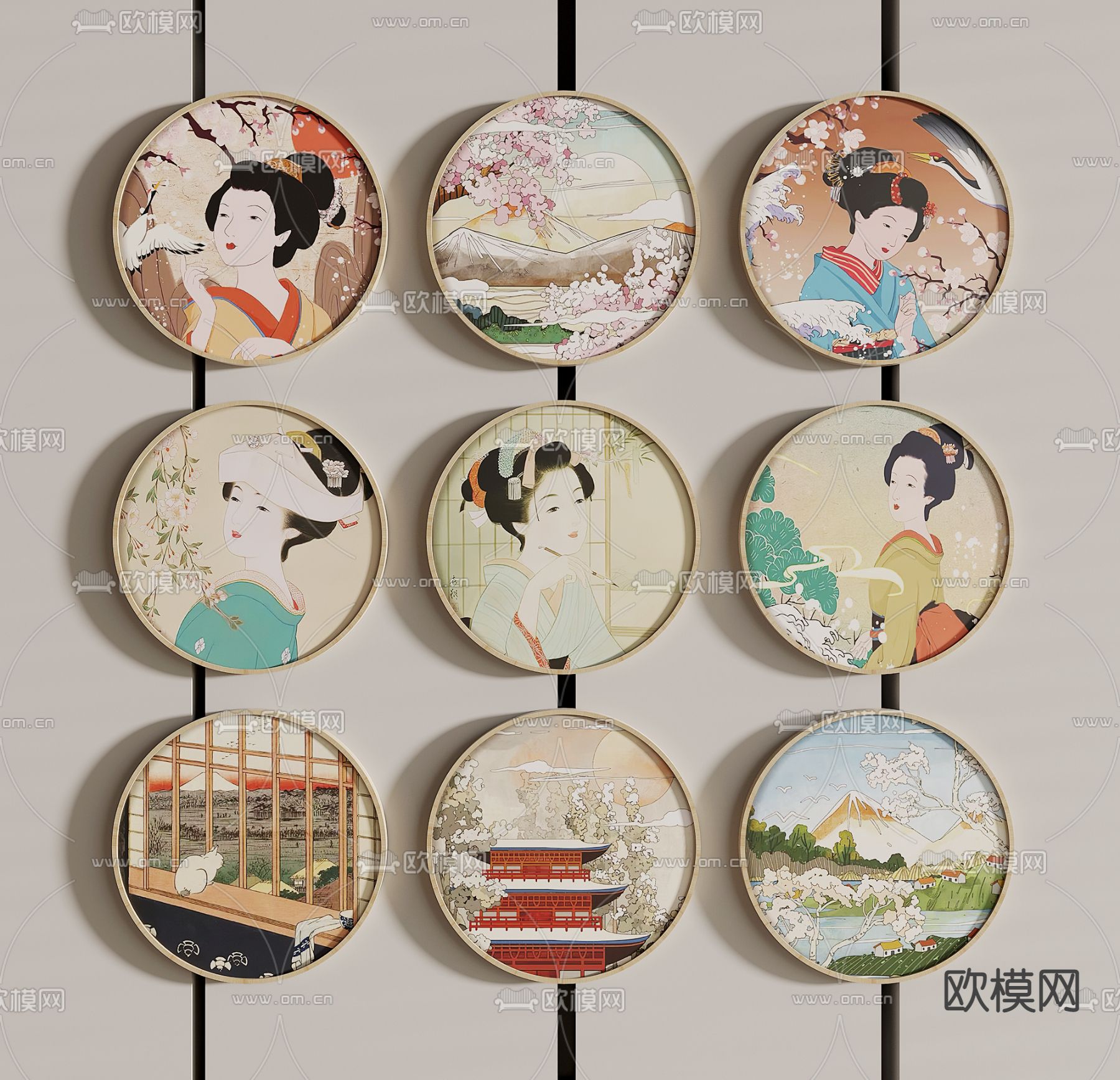 日式圆形挂画3d模型下载