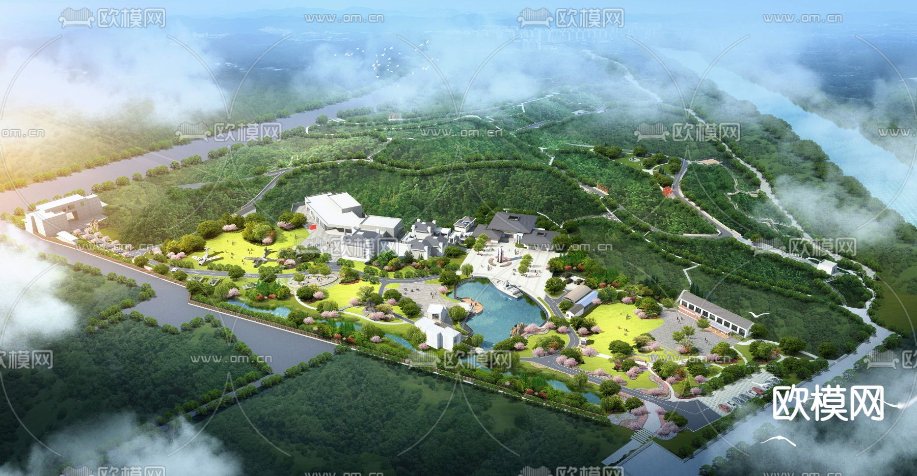 现代湿地园林鸟瞰psd下载