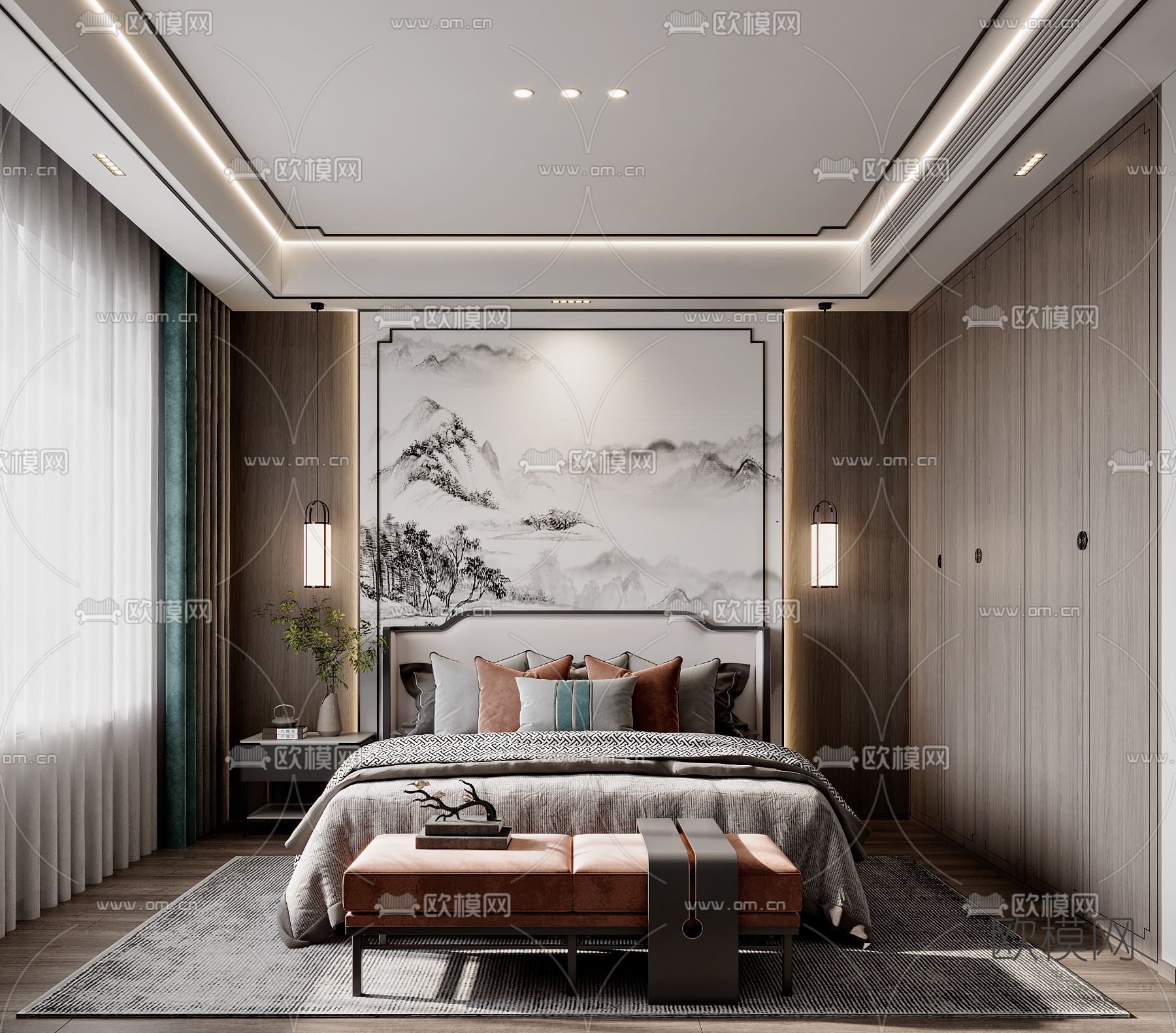 新中式卧室3d模型下载（渲染图1）