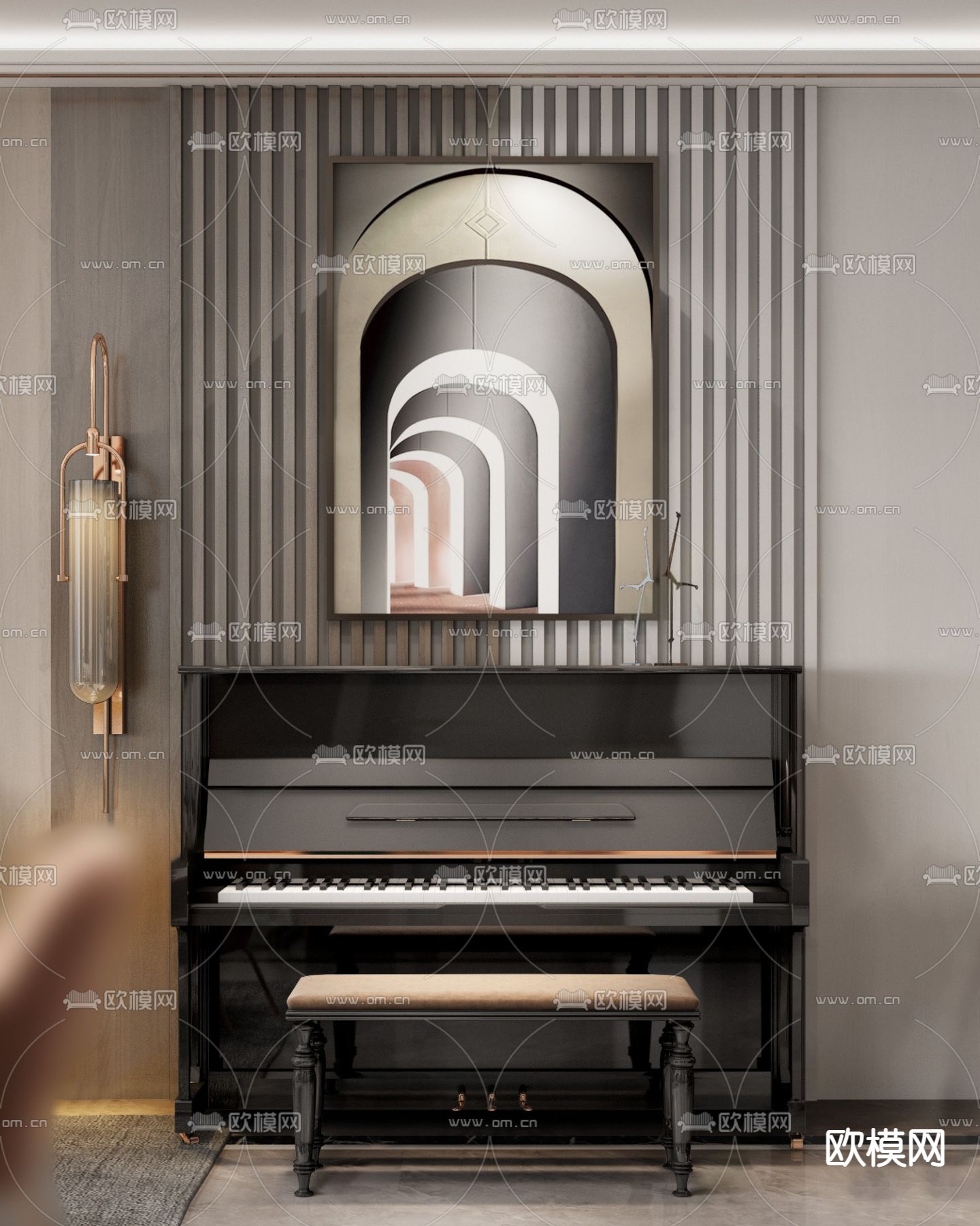 现代轻奢立式钢琴su模型下载（渲染图1）